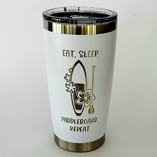 Eat Sleep Paddle Board Coffee Tumbler 20oz - Stainless Steel Insulated Travel Mug for SUP Enthusiasts - Perfect for Stand Up Paddleboarding, Beach Trips & Outdoor Adventures (White)