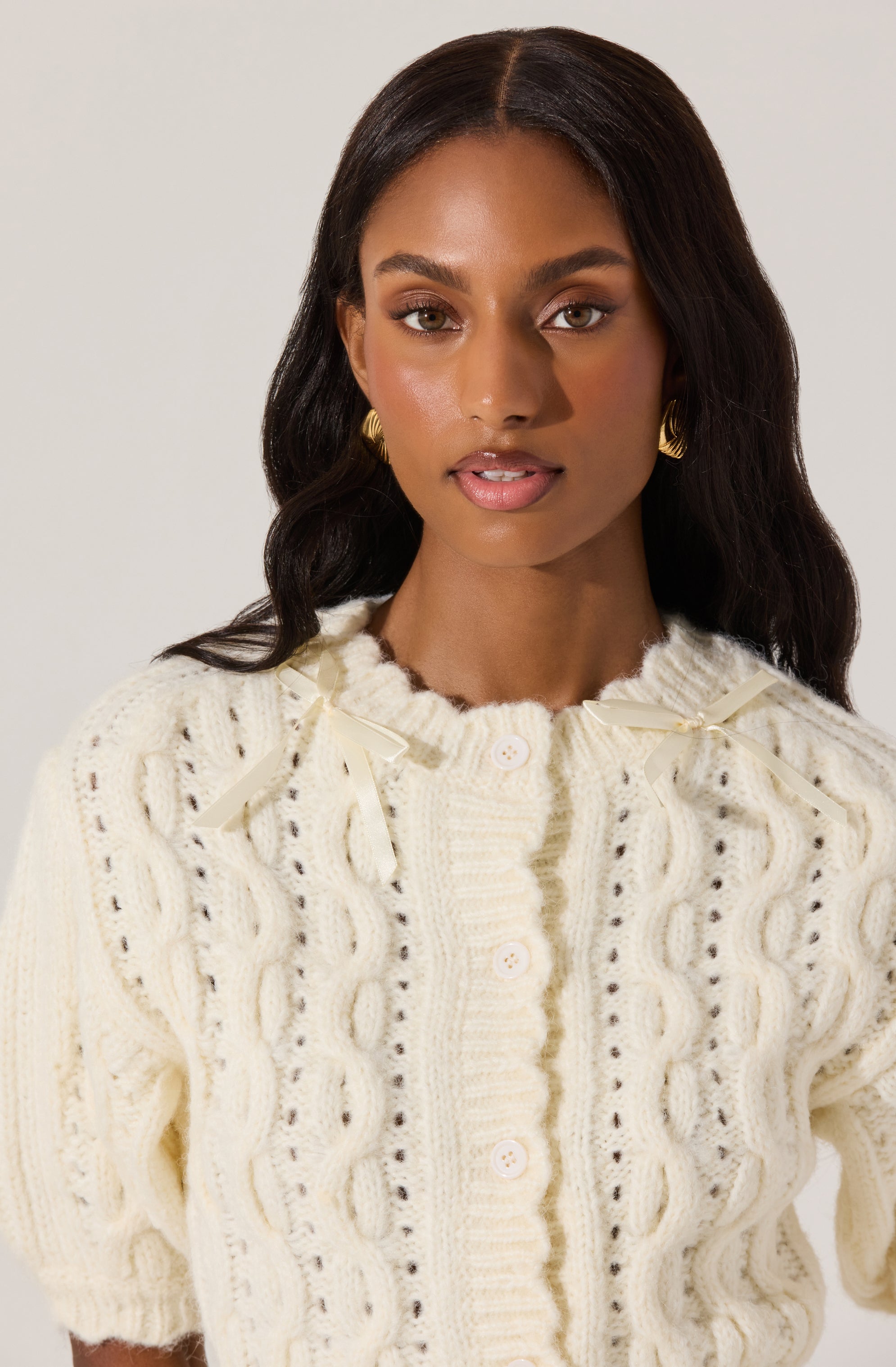 Bow Detail Cable Knit Cardigan Women's Sweater - Cozy Winter Pullover for Office, Date Night & Casual Outfits