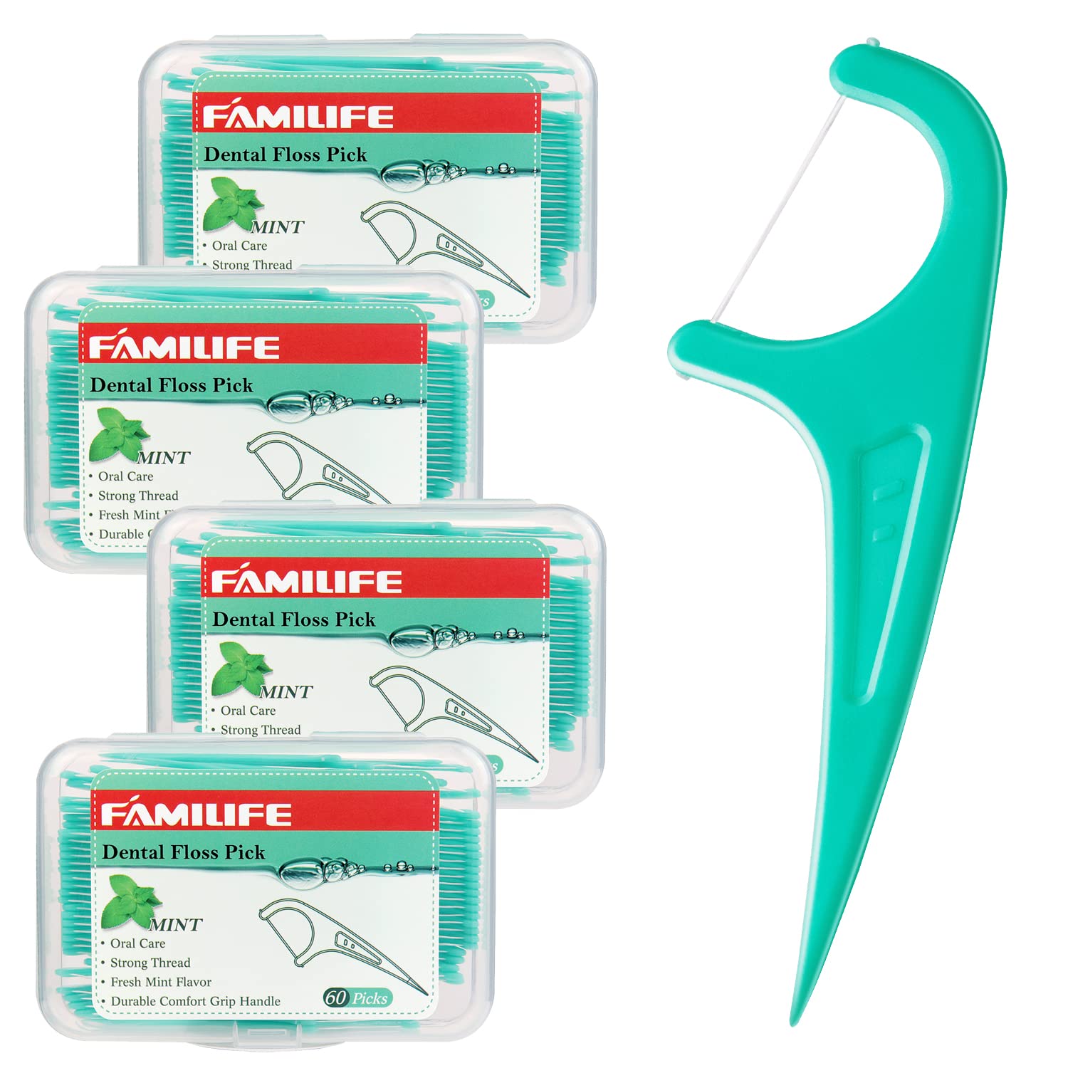 FAMILIFE Mint Dental Floss Picks 240 Count - Teeth Cleaning Flossers with 4 Travel Cases, Anti-Tooth Decay, Fresh Breath - Perfect for Family Oral Care at Home, Work & Travel