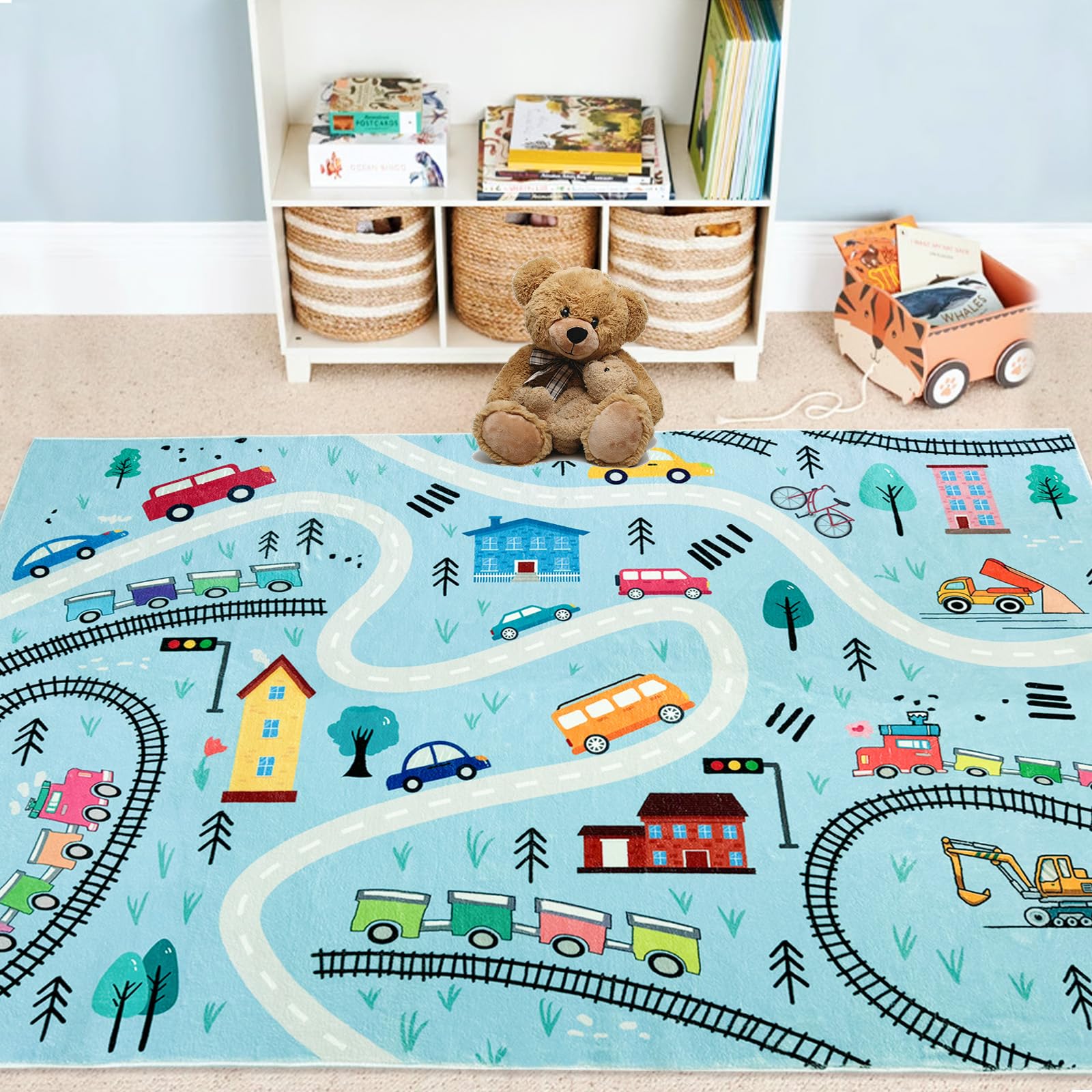 6Ft Large Kids Play Mat - Blue Road Map Car Rug for Toddlers & Children | Educational Traffic Adventure Area Rug for Playroom, Nursery & Bedroom Decor (4x6Ft) - Perfect for Learning, Playtime & Room Decoration