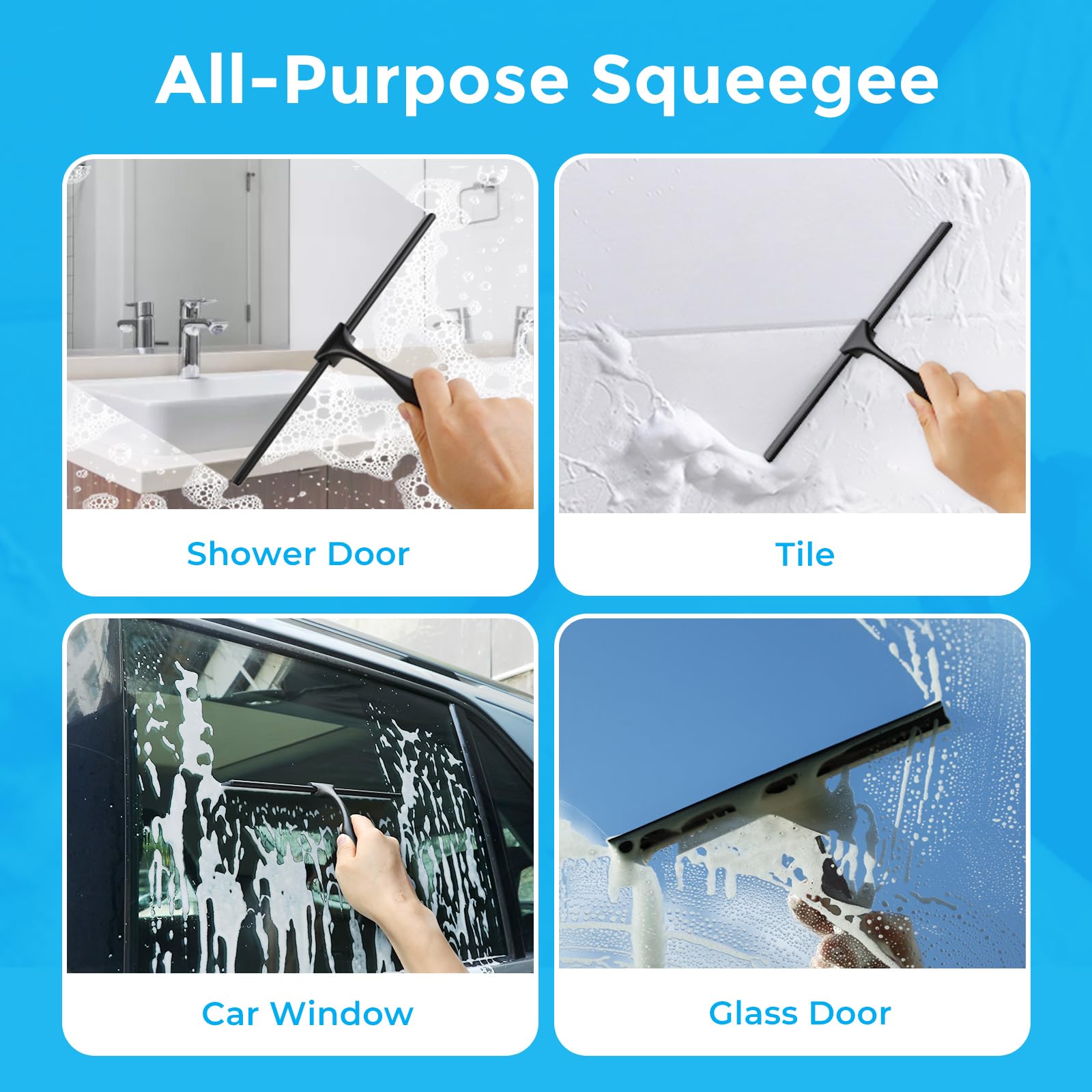 GlobaLink 10-Inch Stainless Steel Shower Squeegee with Hanging Suction Hook - All-Purpose Bathroom & Window Wiper with Replaceable Silicone Blade - Perfect for Shower Doors, Mirrors & Glass Cleaning - Black