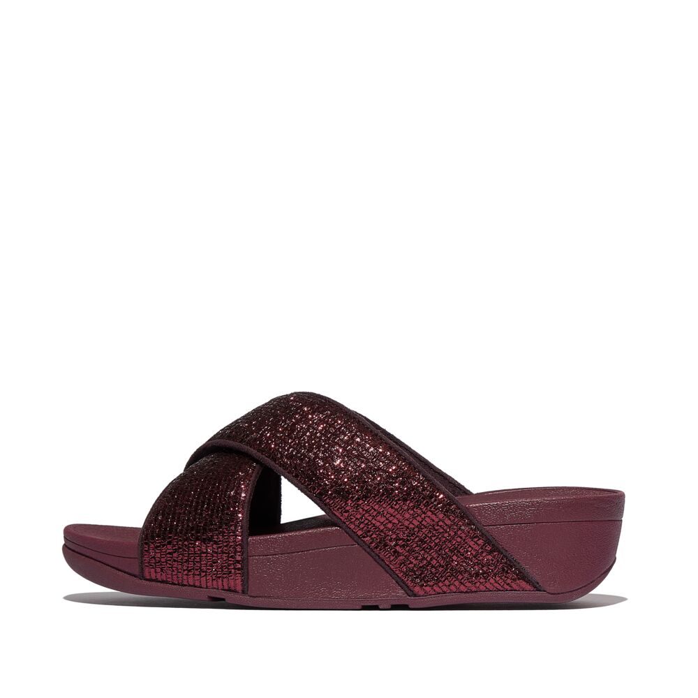 FitFlop Lulu Crinkled Shimmer Cross Slides Sandals for Women - Metallic Plumberry | Comfortable Summer Beach Sandals for Walking, Travel & Casual Outfits