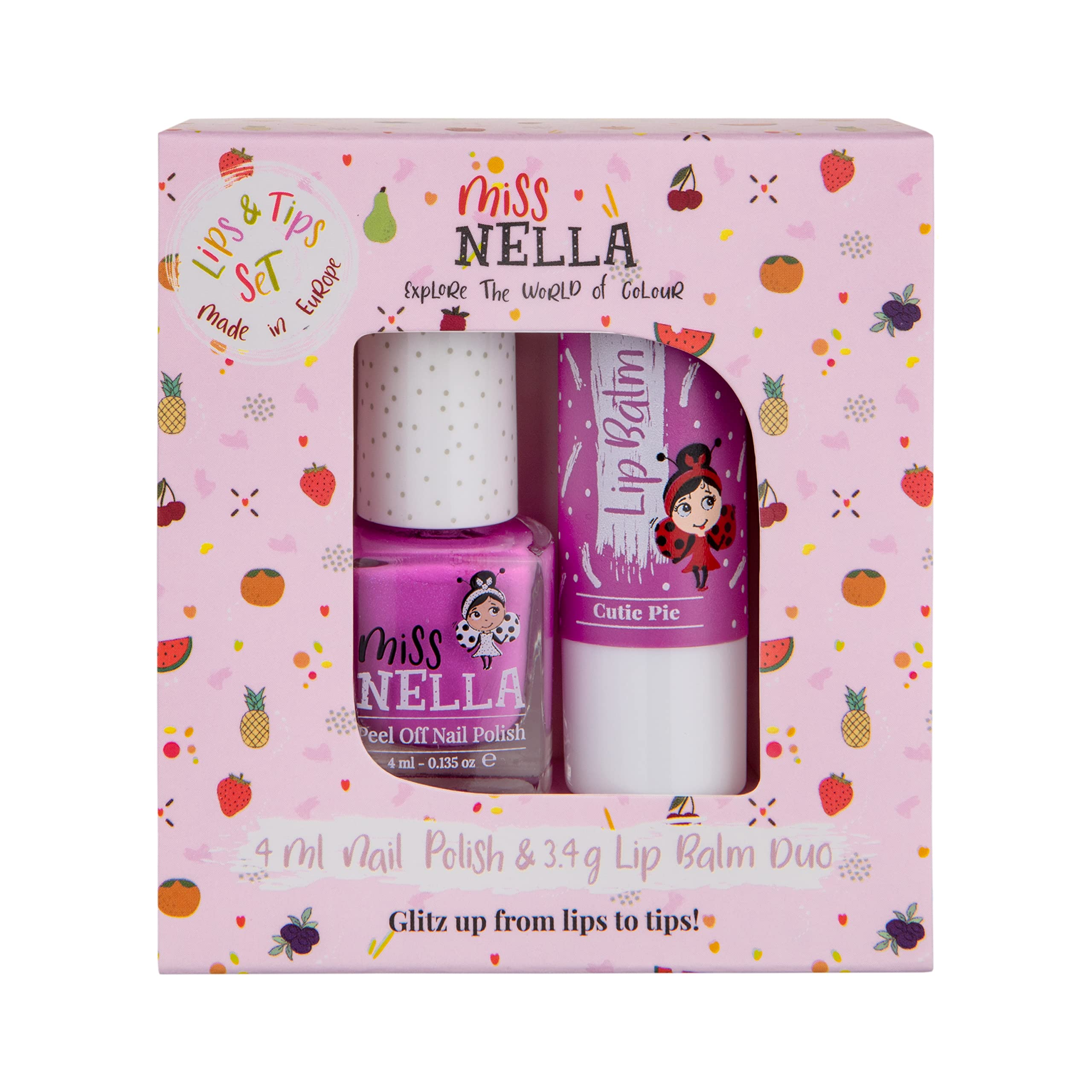 **MISS NELLA Kids Nail Polish & Lip Balm Set – Purple Glitter Peel-Off Water-Based Non-Toxic Nail Polish (Blueberry Smoothie) + Hypoallergenic Cutie Pie Purple Lip Balm – Perfect for Birthday Gifts, Party Favors & Dress-Up Play**