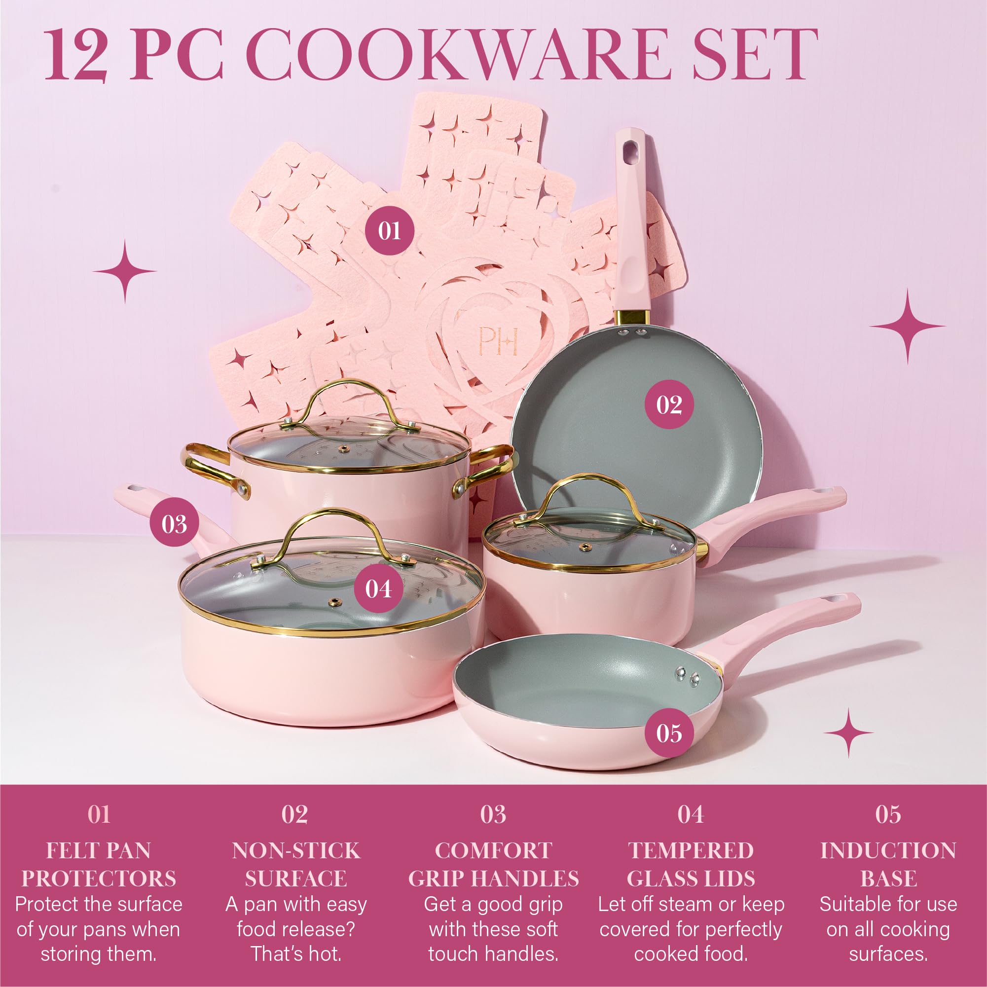 Paris Hilton 12-Piece Nonstick Cookware Set - PFOA-Free, Multi-Layer Coating, Tempered Glass Lids & Cool-Touch Handles - Dishwasher Safe Pink Pots and Pans for Everyday Cooking & Gourmet Meals