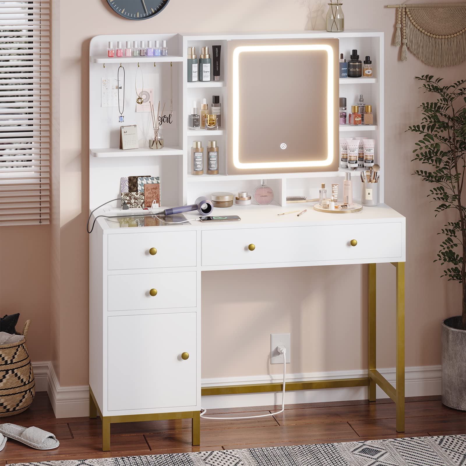 AOGLLATI 3-Color LED Makeup Vanity Set with Mirror, Charging Station & Storage - White Vanity Desk with Visible Drawers & Shelves for Bedroom, Dressing Room & Beauty Salon