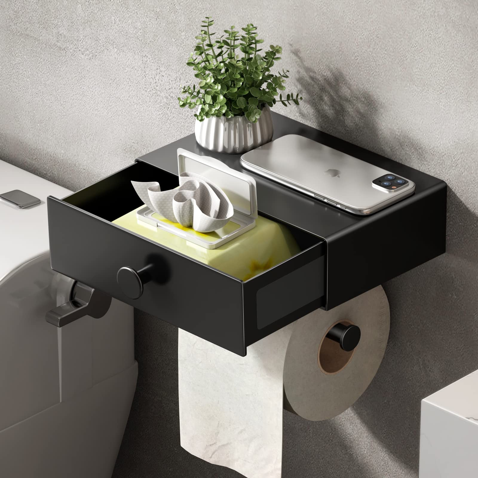 VOLDRA Black Wall Mount Toilet Paper Holder with Shelf & Wipes Dispenser - Space Saving Bathroom Storage Organizer with Upgrade Drawer Design, Adhesive Mount for Small Bathrooms (Perfect for Compact Bathrooms, RVs & Apartments)