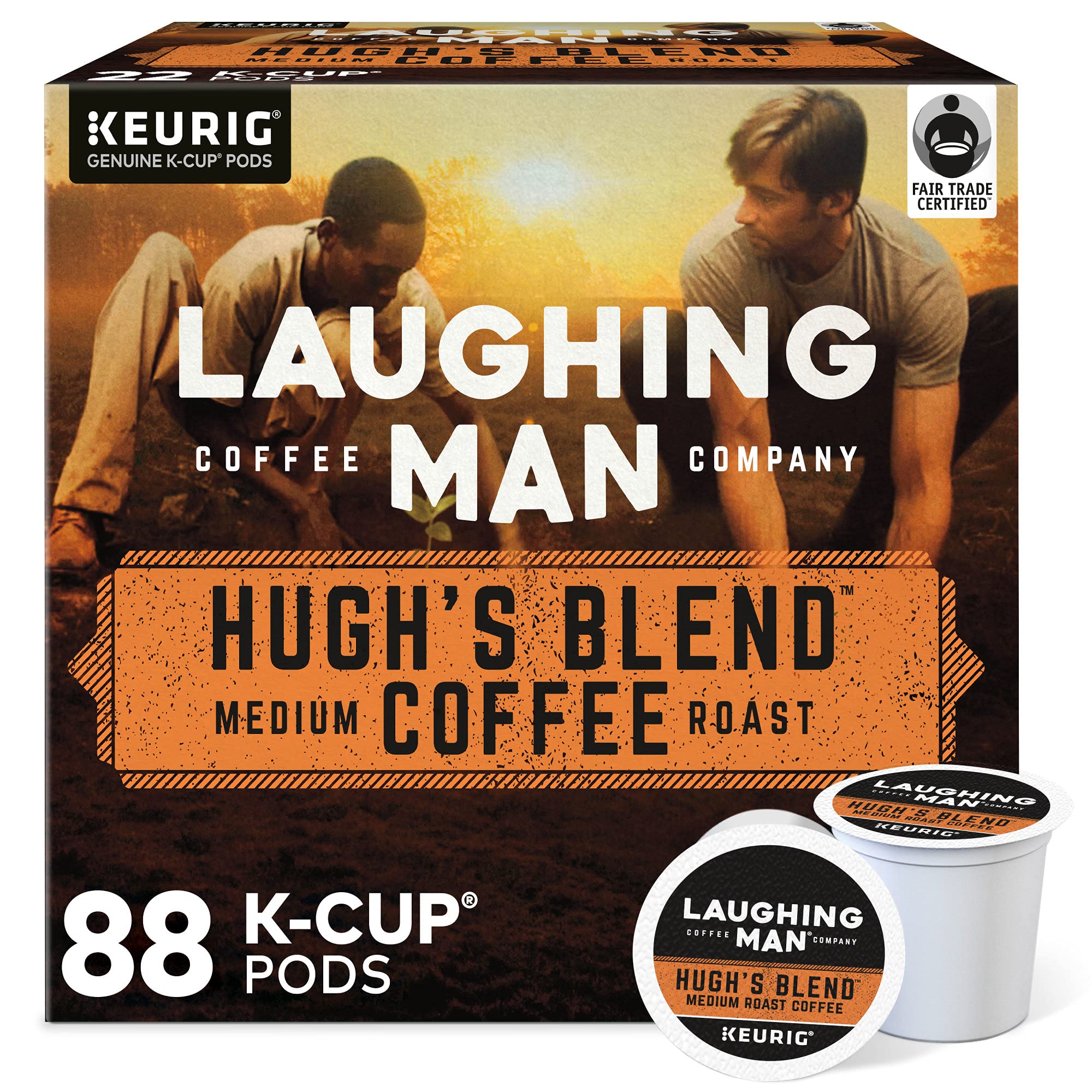 Laughing Man Hugh’s Blend Fair Trade Medium Roast Arabica Coffee Pods - 88 Recyclable K-Cups (4 Packs of 22) for Keurig Single-Serve Coffee Makers | Perfect for Home, Office & Morning Brews