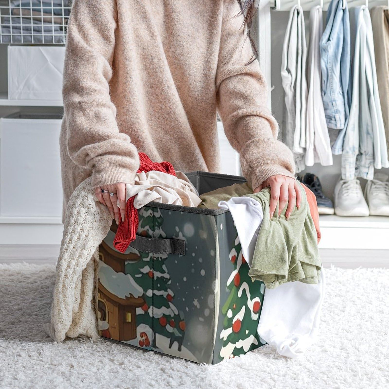Christmas Snow Globe Storage Bin - Large Capacity Collapsible Storage Box with Handles, 10.6x10.6x10.6 Inch Closet Organizer for Home & Office - Perfect for Holiday Decor, Kids' Toys, and Seasonal Clothing Storage