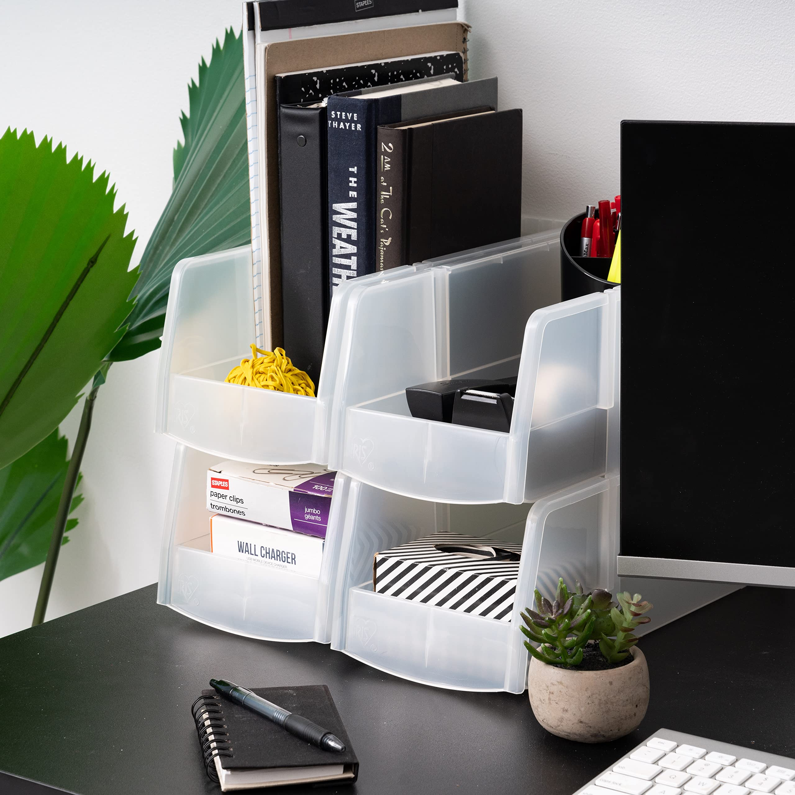 IRIS USA Clear Plastic Stackable Storage Bins - Large 4 Pack | Open Front Organizer Baskets for Fridge, Pantry, Kitchen, Closet & Bathroom | Perfect for Snacks, Cans, Office Supplies & Coffee Pods | Space-Saving Home & Office Organization Solution