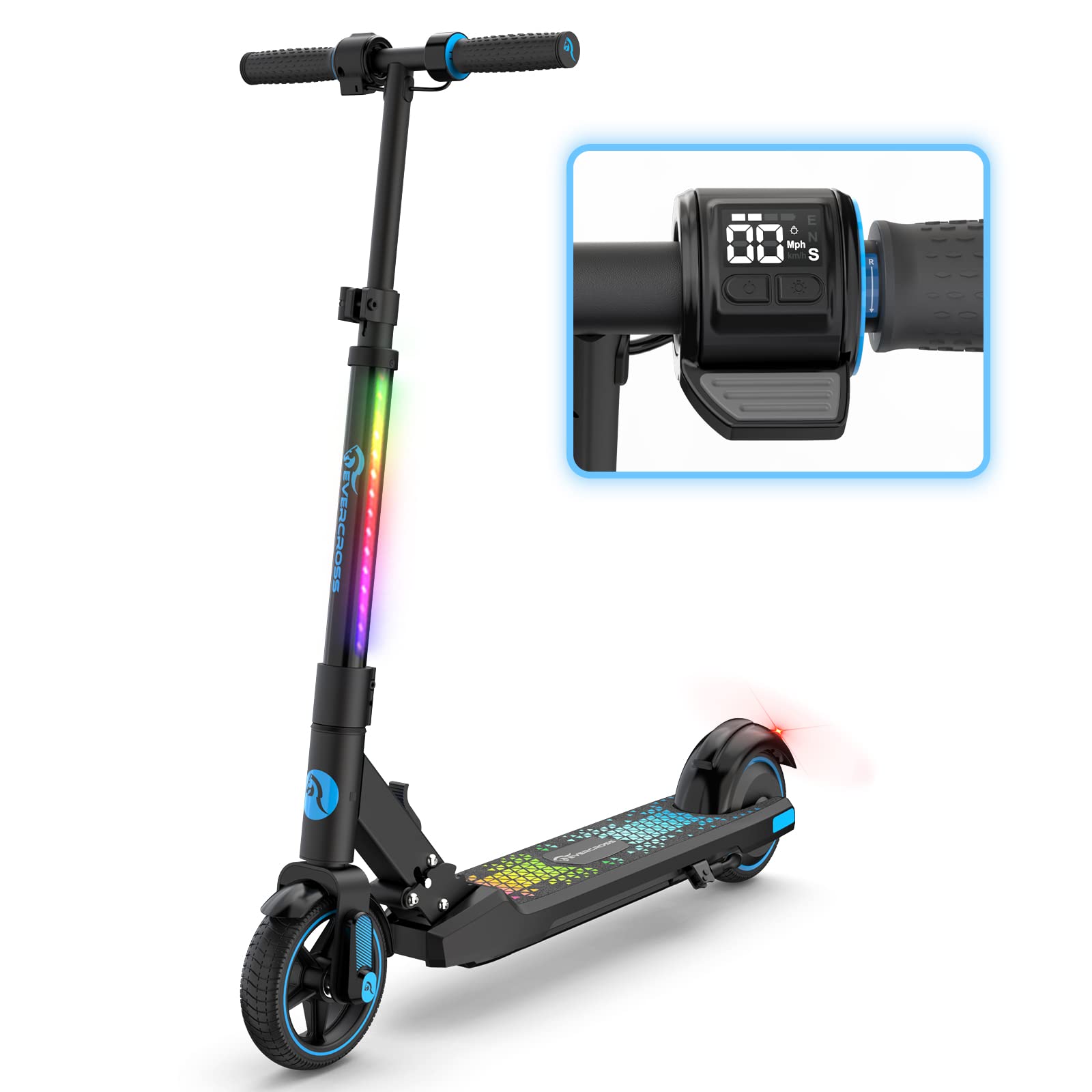 EVERCROSS EV06C Foldable Electric Scooter for Kids Ages 6-12 - 9.3 MPH Max Speed, 5 Mile Range, LED Display & Colorful Lights - Lightweight Commuter Scooter for School, Park & Neighborhood Rides