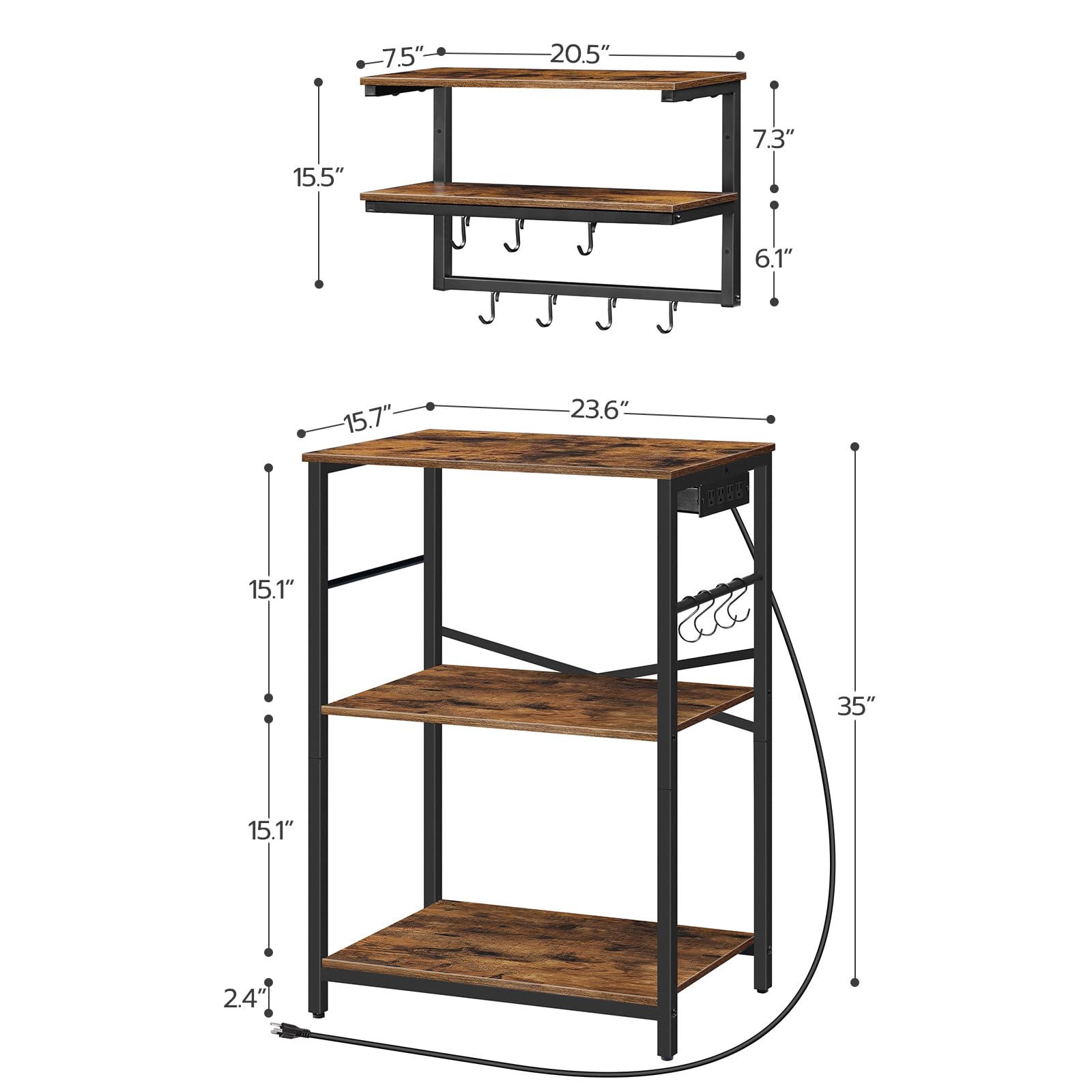 HOOBRO Rustic Brown Bakers Rack with Power Outlets - Freestanding Kitchen Storage Shelf with Floating Shelves & 11 S-Hooks - Perfect Coffee Bar Station & Microwave Stand for Kitchen, Living Room, Dining Area - Model BF11UHB01