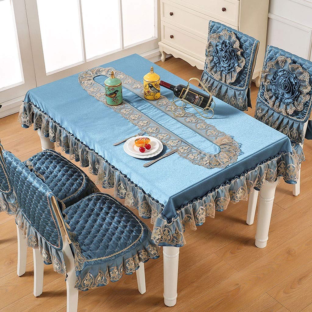 XIANGGUI 1983 Silky Fabric Dining Chair Covers with Floral Design & Skirt - 4-Piece Set Includes Tablecloth (Blue) - Perfect for Family Dining, Restaurant, Wedding & Home Decor Protection