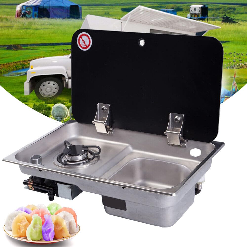 **Portable RV Sink and Gas Stove Combo - Stainless Steel Outdoor Cooktop with Tempered Glass Lid - Perfect for Camping, Boating & Caravan Kitchens**    **Use Scenarios:** Ideal for outdoor cooking, RV trips, camping adventures, boating, and caravan life.