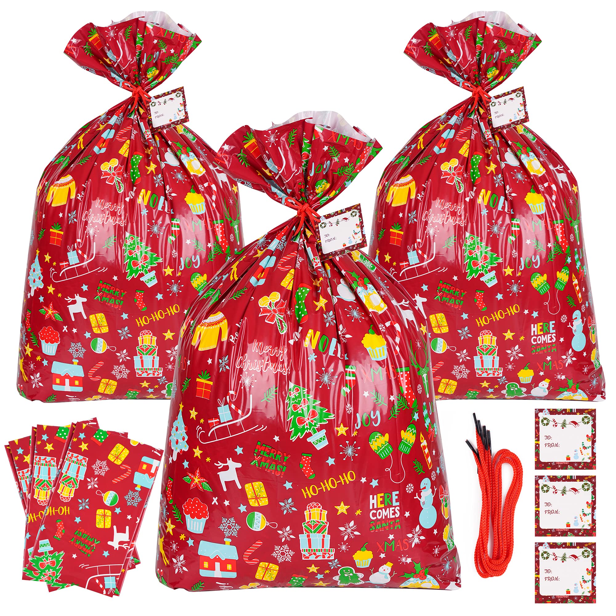 6-Piece Giant Christmas Gift Bags Set - Extra Large Holiday Storage Bags with 6 Name Tags & Ropes - Heavy Duty Plastic Xmas Gift Wrapping for Parties, Family Gatherings & Festive Celebrations