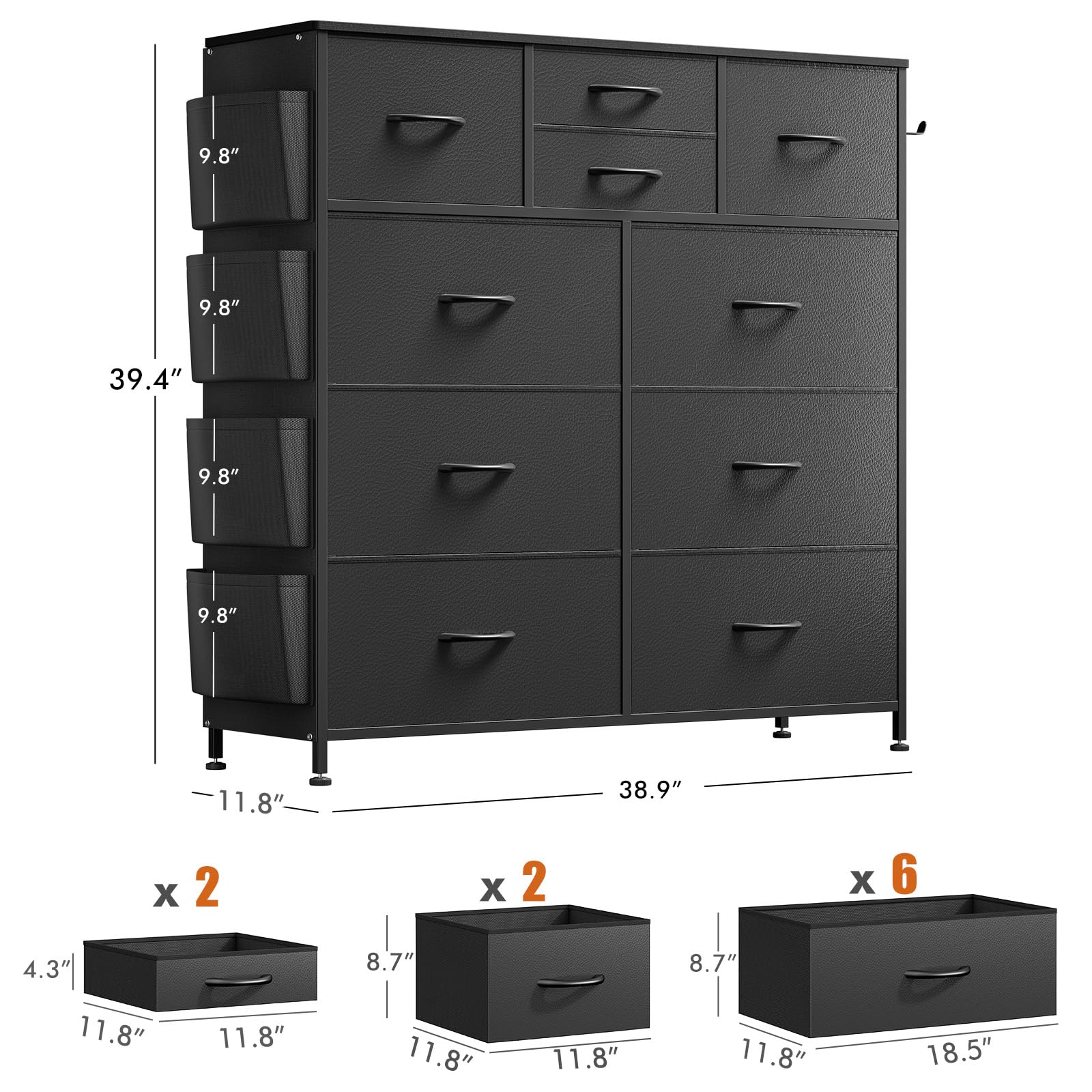Black 10-Drawer Dresser for Bedroom & Closet Storage with Hooks - Perfect for Hallway, Kids Room