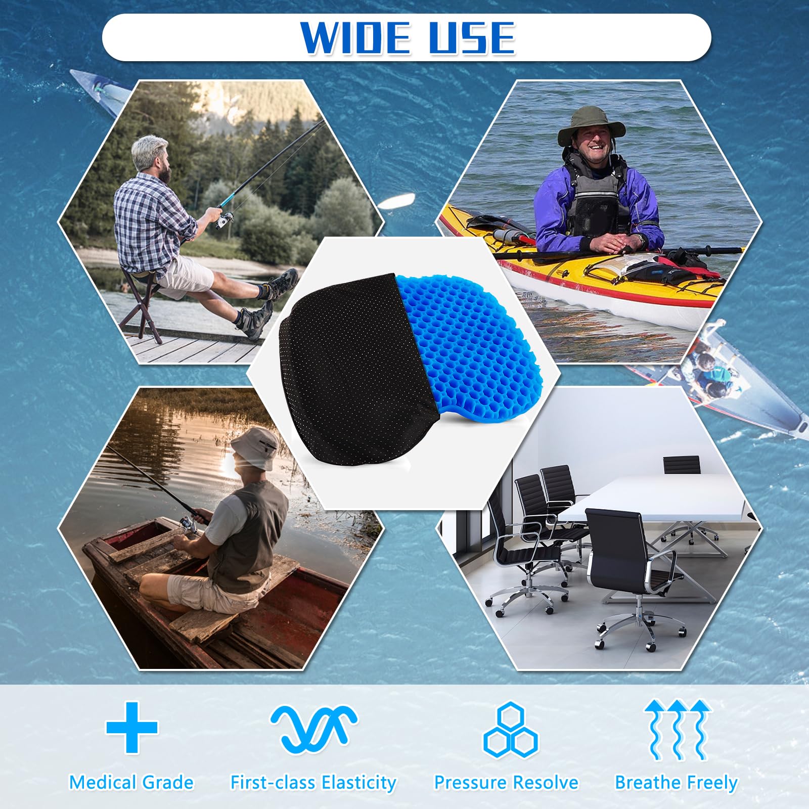 Non-Slip Kayak Seat Cushion - Thick Waterproof Gel Kayak Seat Pad with Anti-Skid Cover for Sit-In & Inflatable Kayaks, Canoes, Boats - Comfortable Fishing Kayak Accessories for Outdoor Water Sports & Adventure