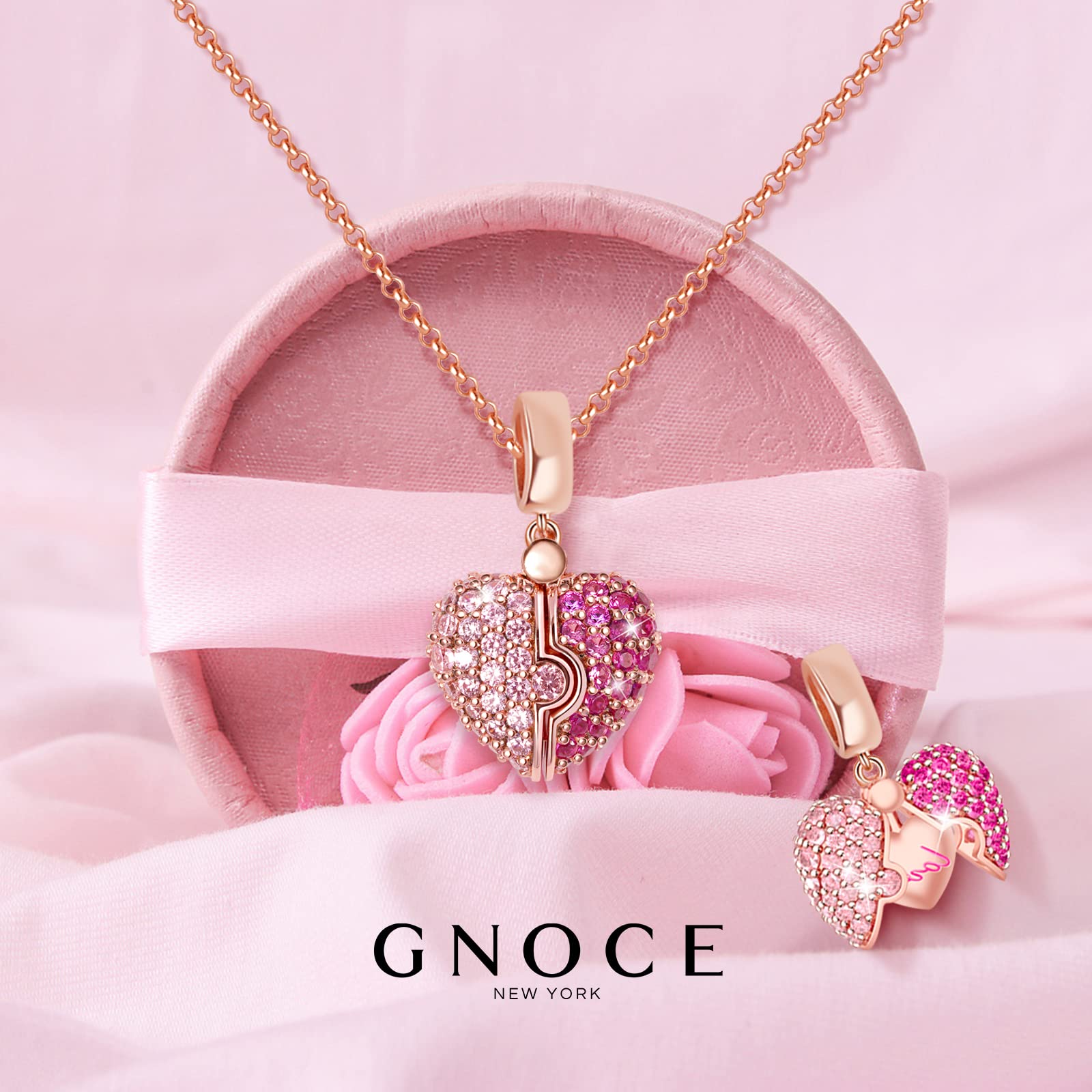 GNOCE 925 Sterling Silver Rose Gold Open Heart Key Pendant Charm Set for Women - Valentine's Day Gift for Her, Bracelet & Necklace Jewelry - Perfect for Anniversaries, Birthdays & Romantic Occasions