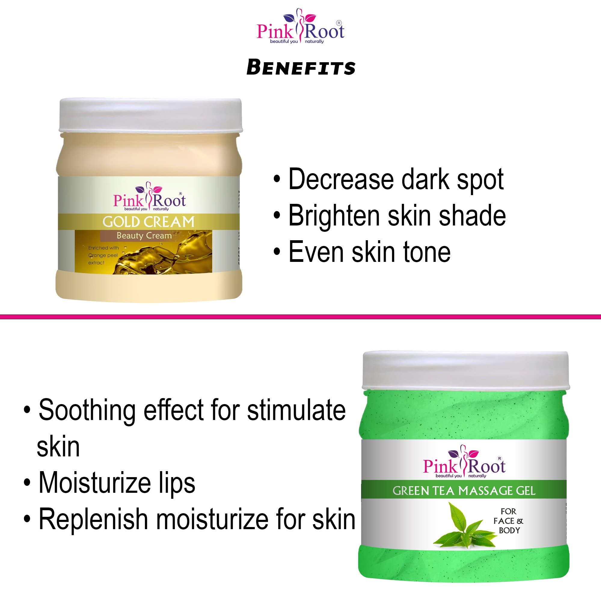 Pink Root Green Tea Massage Gel with Gold Cream - 500ml Set for Relaxation & Skin Care | Spa, Massage, and Home Wellness Use
