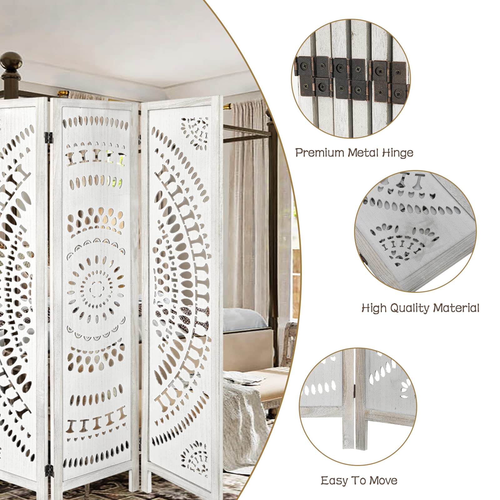 ECOMEX 6 Panel Folding Room Divider - Freestanding Privacy Screen with Carved Wood Design for Bedroom, Home Office, Apartment, Studio, Hotel, Restaurant, Garden & Terrace - Perfect for Creating Private Spaces & Room Partition (White)