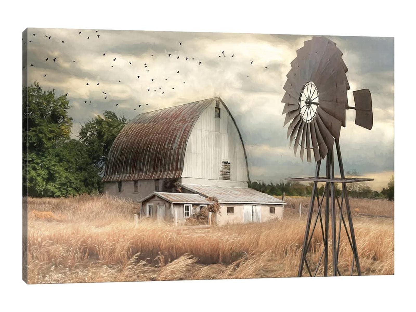 Farmhouse Old Barn Canvas Wall Art - Vintage Windmill & Countryside Pictures - Rustic Wall Decor for Living Room, Bedroom, Office - 32x48 Inches Country Farmhouse Style Canvas Print - Perfect for Home, Cabin & Airbnb Decor