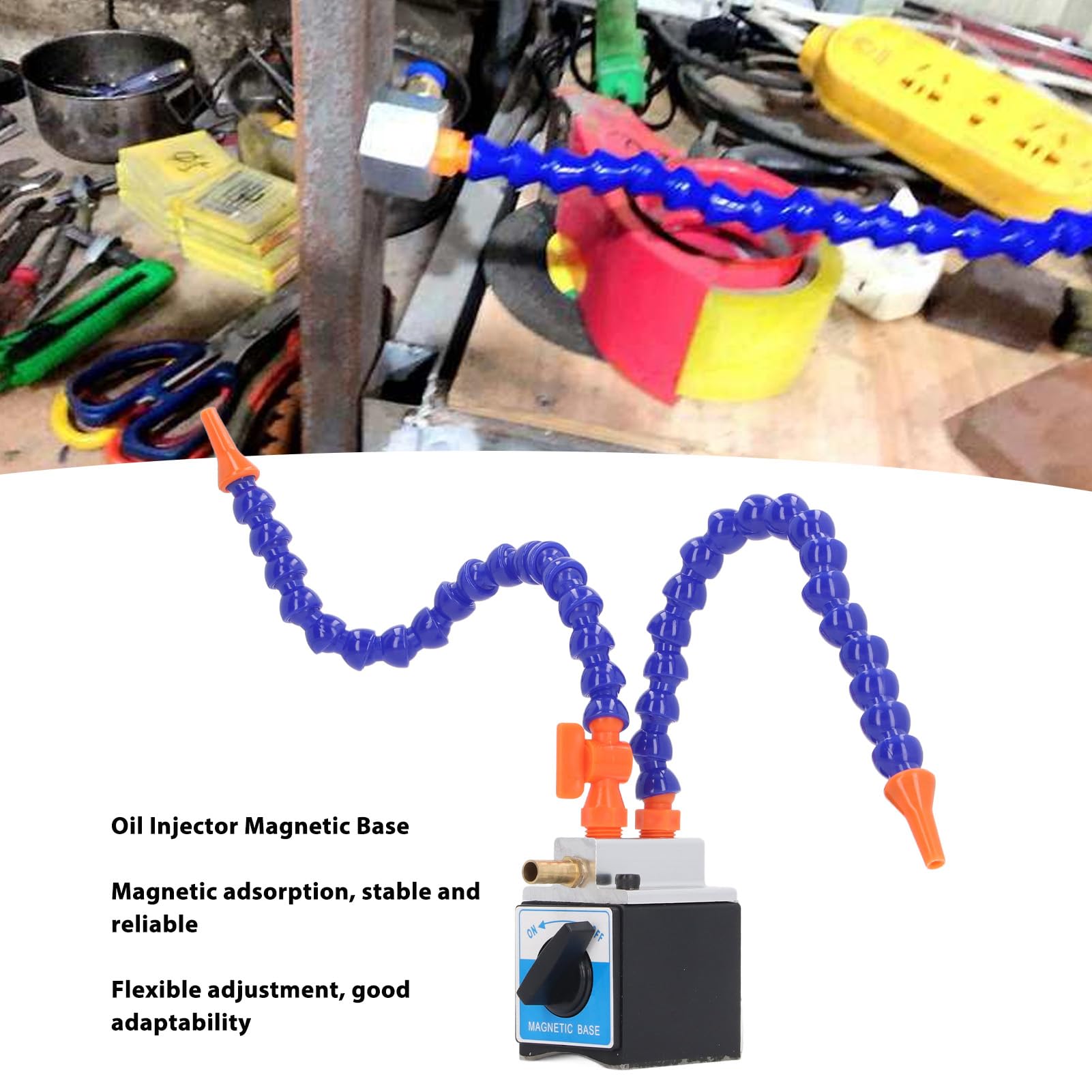 Adjustable Magnetic Base Holder with Flexible Coolant Pipe - 2 Hole Magnetic Switch Base for Oil Injector - Perfect for CNC Machines, Lathes, and Industrial Equipment Maintenance