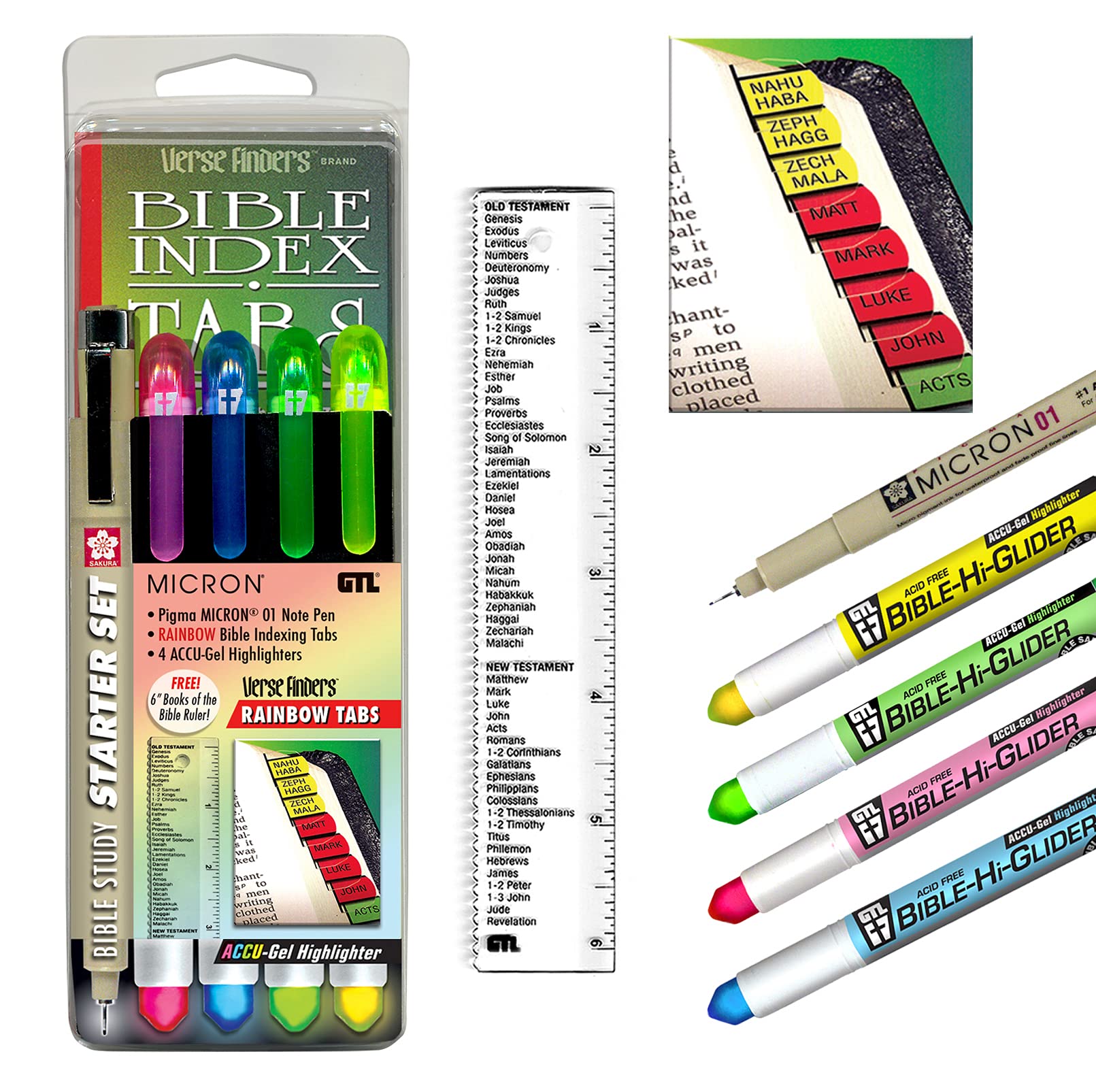 **Accu-Gel Bible Highlighter & Pigma Micron Bible Study Starter Set – No Bleed Pigmented Ink, 01 Fine Point Black, Rainbow Horizontal Verse Finder Bible Tabs (Yellow, Green) – Perfect for Bible Study, Journaling, and Scripture Marking**