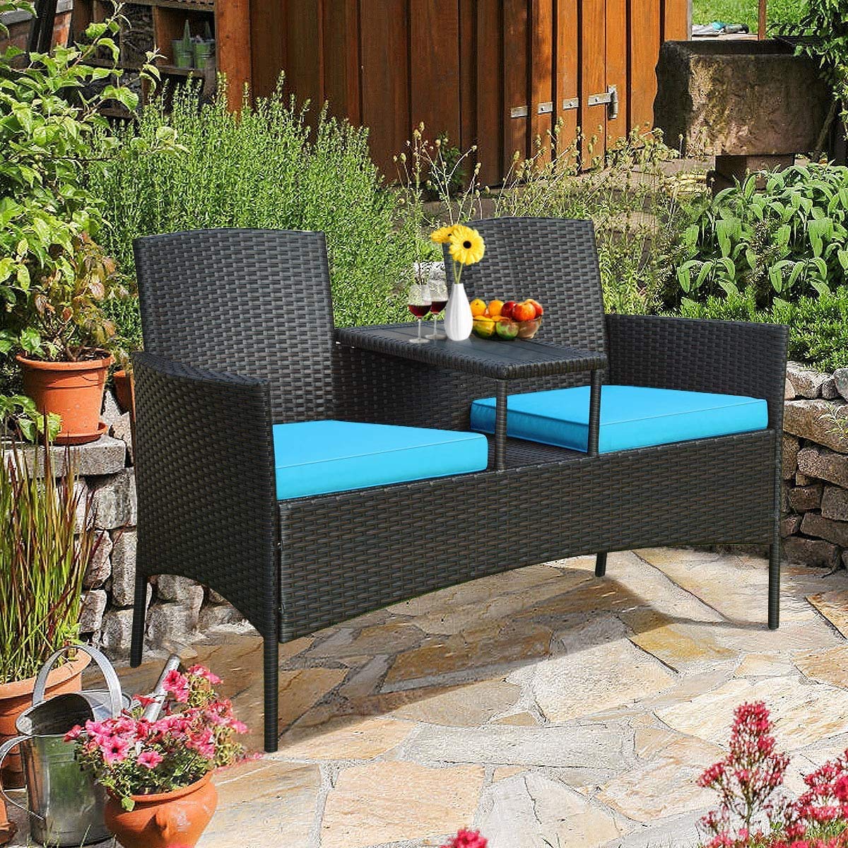 Modern Outdoor Wicker Loveseat Sofa Set with Built-in Coffee Table & Soft Cushions - Turquoise Rattan Patio Furniture for Backyard, Porch, Poolside, Lawn - Perfect for Relaxing, Entertaining & Sunbathing