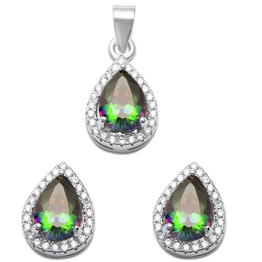 Pear Shape Simulated Gemstone & Cubic Zirconia .925 Sterling Silver Pendant & Earring Set | Birthstone Colors Available | Elegant Jewelry Gift for Women, Anniversary, Birthday & Special Occasions