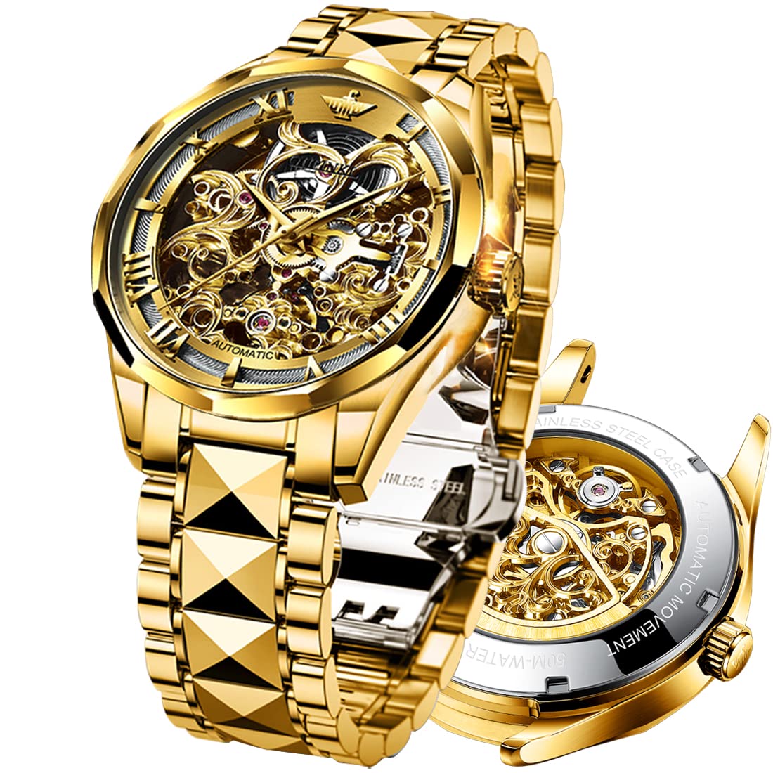 Premium OLEVS Automatic Skeleton Mechanical Watch for Men - Tungsten Steel Band, 50M Waterproof, Sapphire Crystal - Luxury Self-Winding Business Watch - Perfect for Father's Day Gifts, Office Wear & Formal Occasions