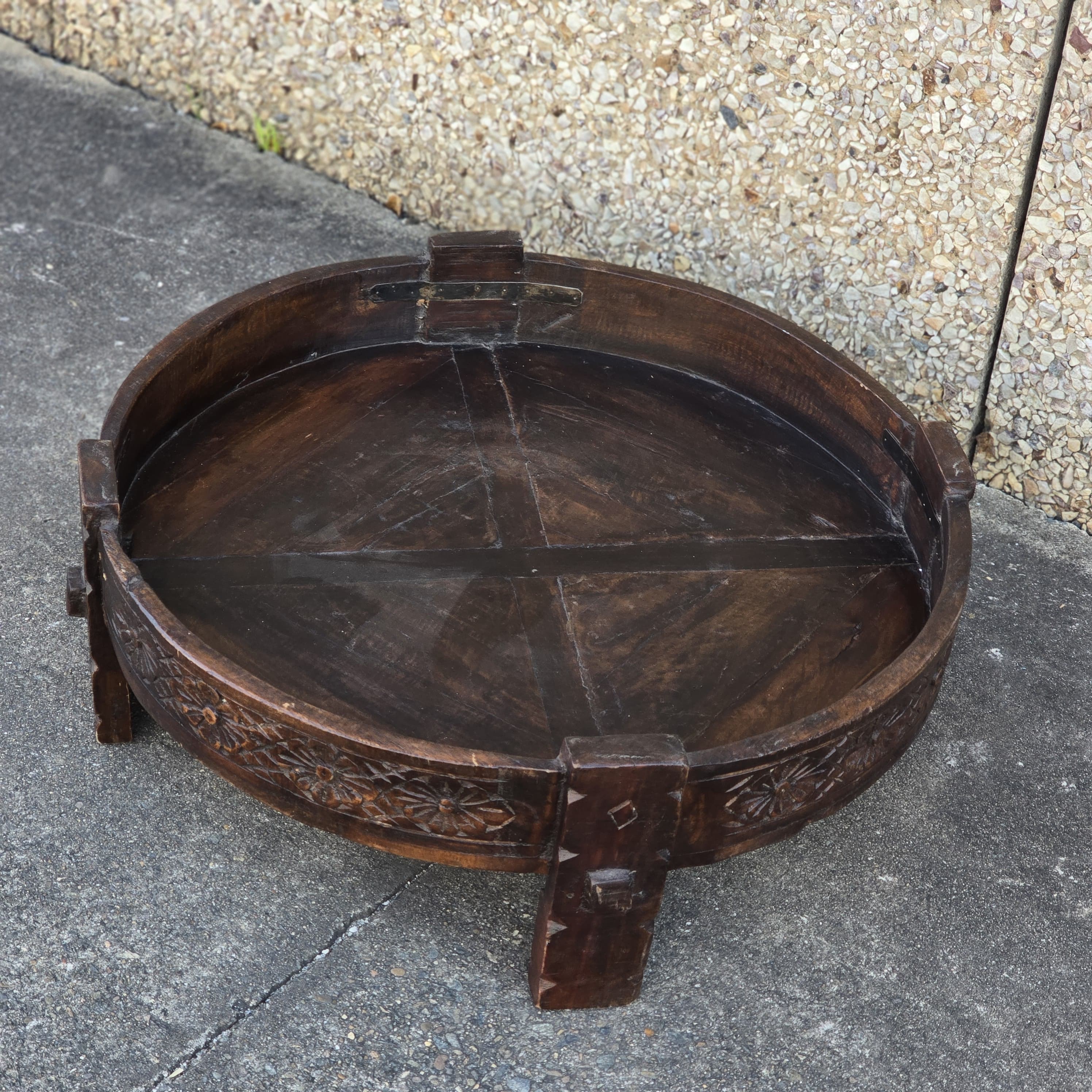 Handcrafted Solid Wood Indian Chakki Grinder Coffee Table - 30x30x10 Inches Rustic Home Decor for Living Room, Lounge & Office