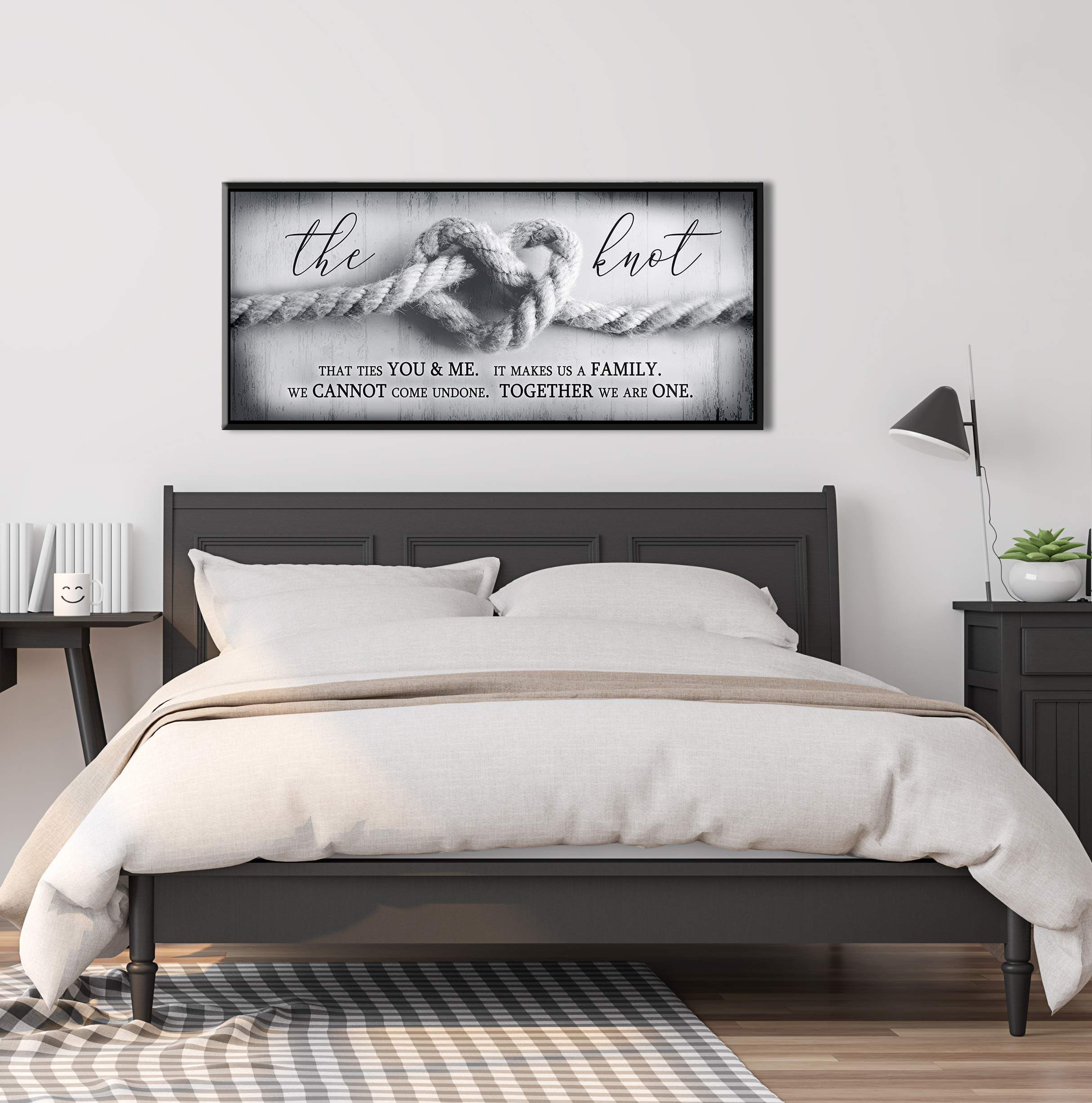 Romantic The Knot Wall Art - Grey & Black Floating Frame 42x19 - Large Framed Love Sign for Bedroom Decor, Couples Gift, Over the Bed Wall Décor - Perfect for Master Bedroom, Wedding Anniversary & Valentine's Day Gifts