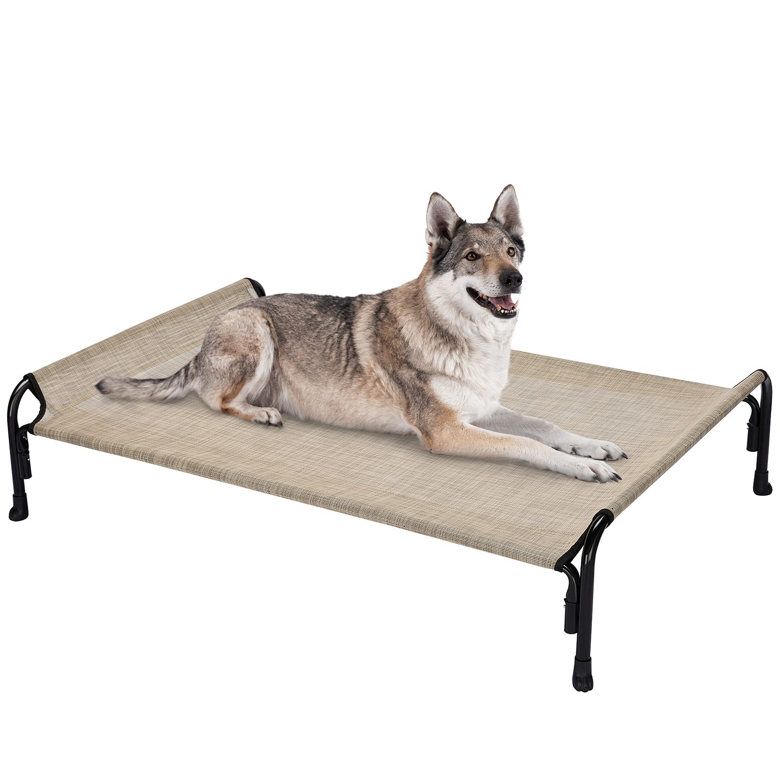 Veehoo Elevated Cooling Dog Bed for Large Dogs - Washable Breathable Raised Pet Cot with Slope Headrest, Indoor & Outdoor Use, Camping, Patio, Beige Coffee (CWC2204)