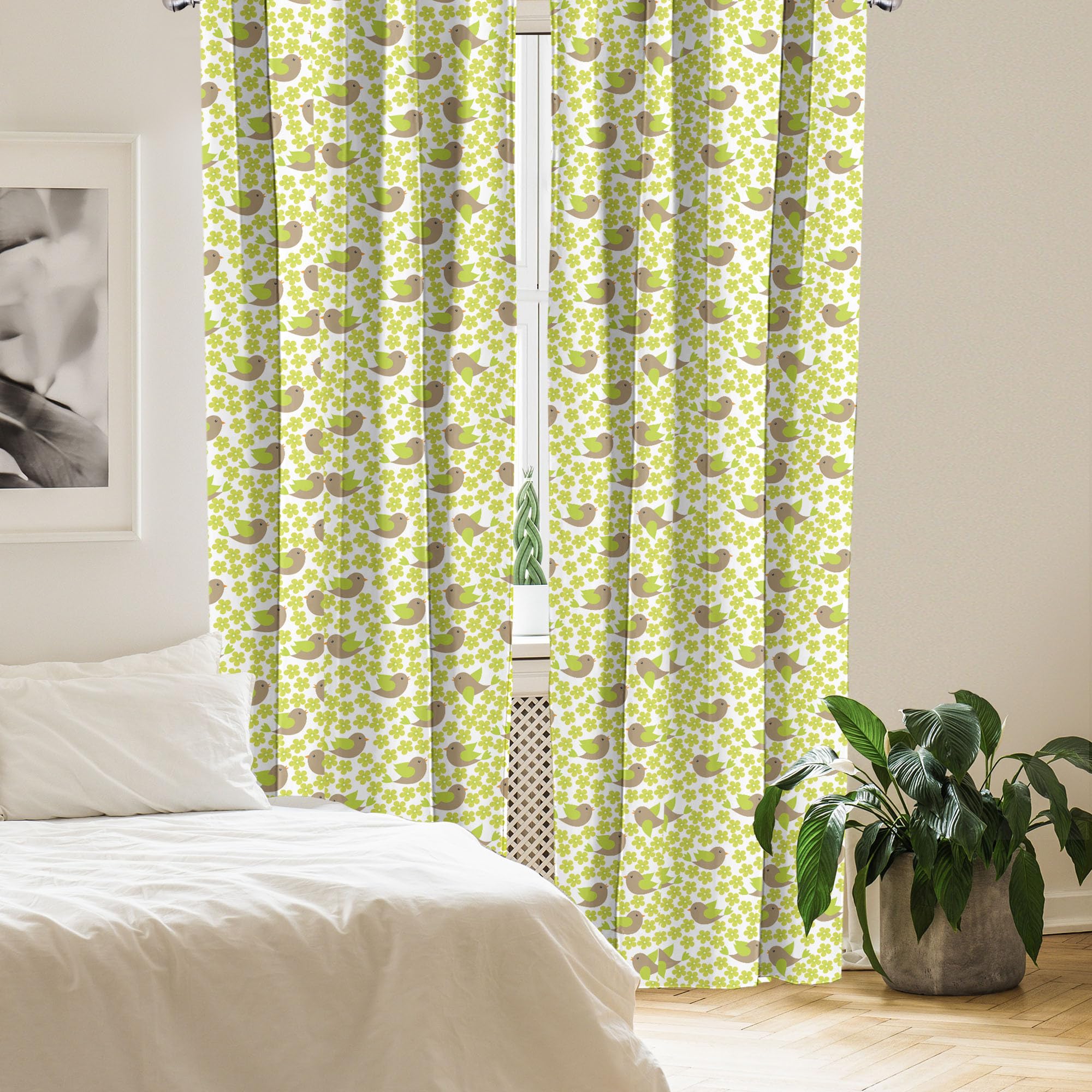 Ambesonne Bird Print Curtains - 2 Panel Set with Repeating Avian Animals & Petals Design, 28