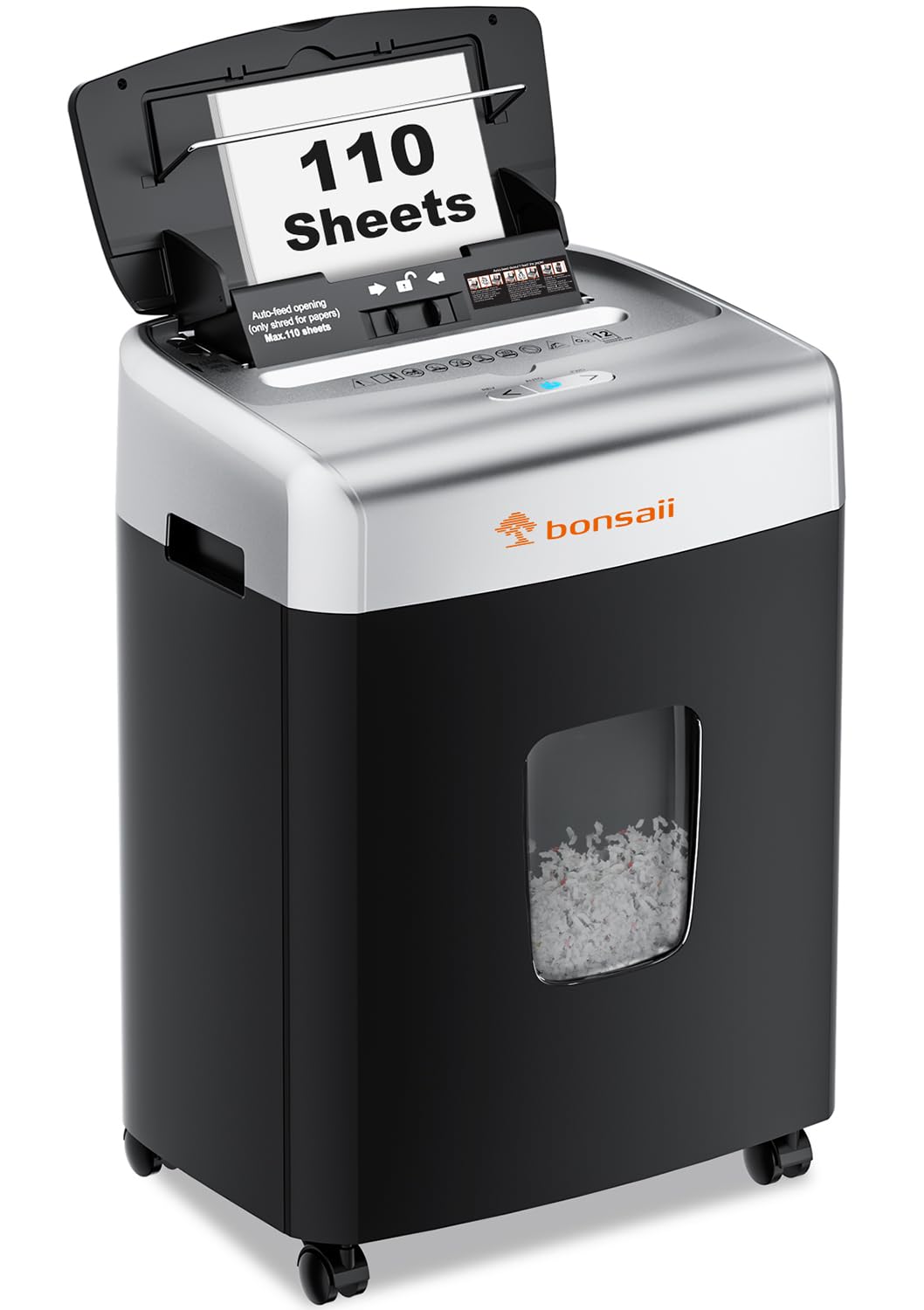 Bonsaii 110-Sheet Auto Feed Paper Shredder - Heavy Duty Office & Home Use, 30-Minute Run Time, Micro Cut P-4 Security (6 Gallon Bin) | Perfect for Confidential Document Destruction & Small Business Paper Recycling