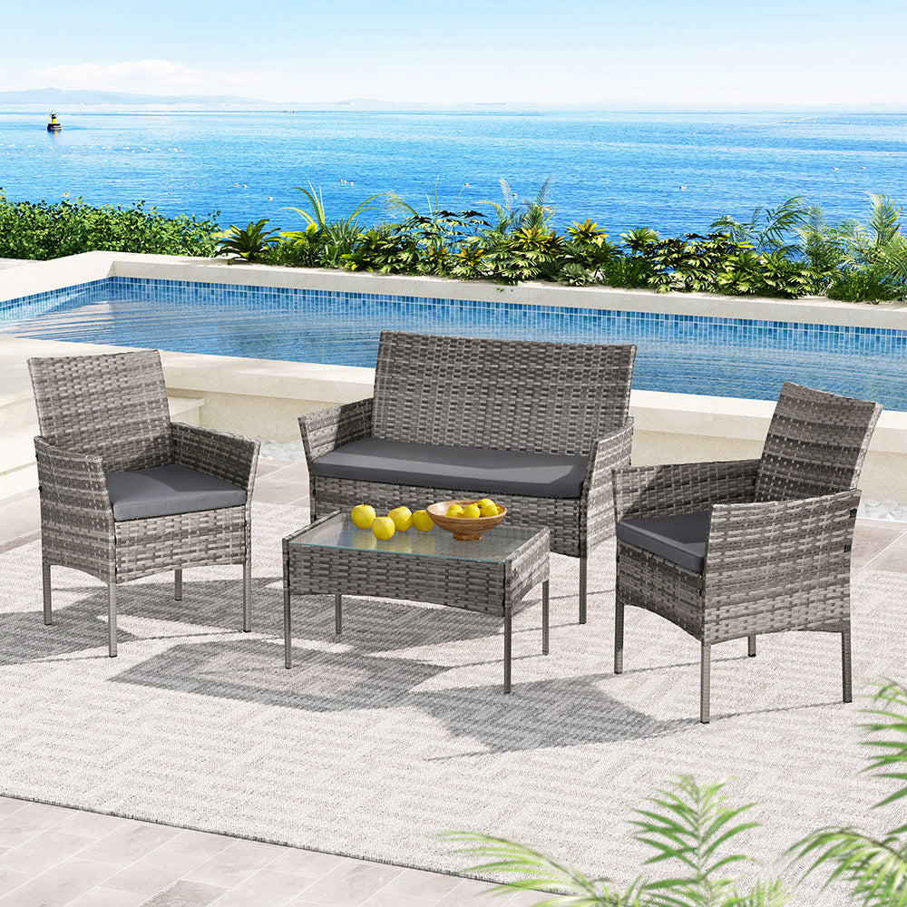 4-Seater Outdoor Wicker Sofa Set with Table and Chairs - Grey Patio Furniture for Garden, Poolside, and Backyard Relaxation