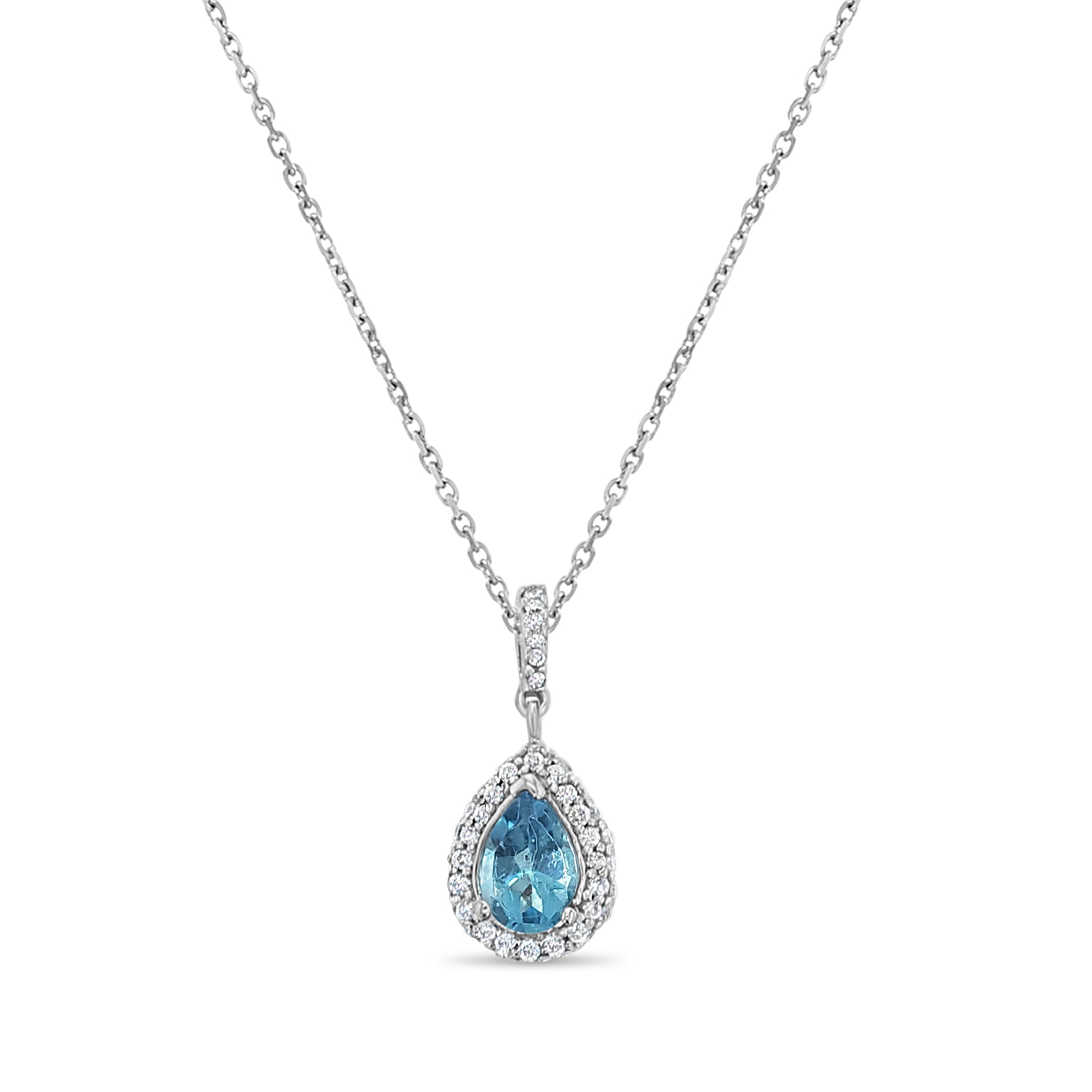 Ocean Blue Topaz Teardrop Diamond Pendant .37cttw 14k White Gold Necklace - Elegant Jewelry Gift for Women, Perfect for Anniversaries, Birthdays & Special Occasions