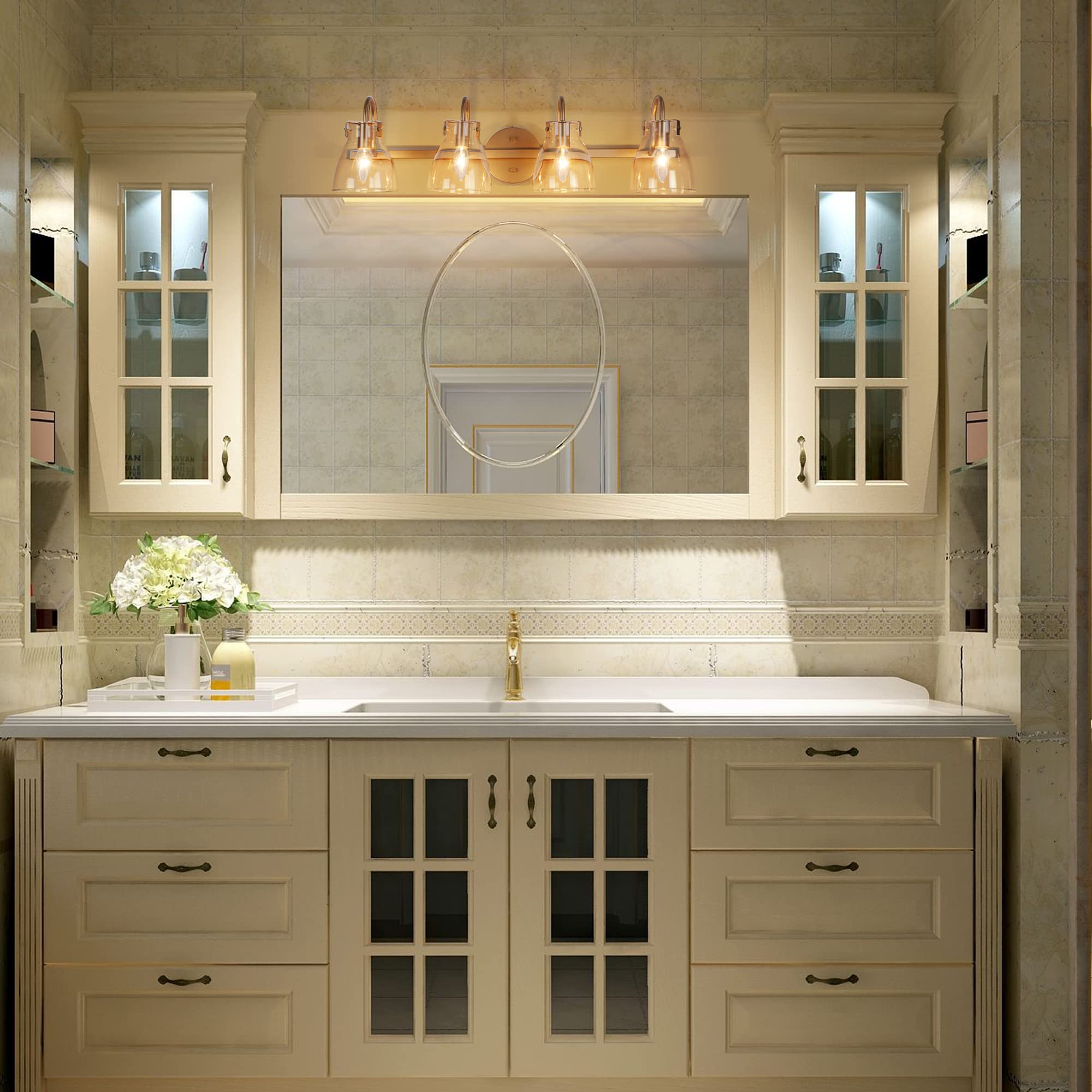 KSANA Gold Vanity Lights - 4 Light Bathroom Mirror Lighting with Clear Glass Shades for Modern Bathrooms
