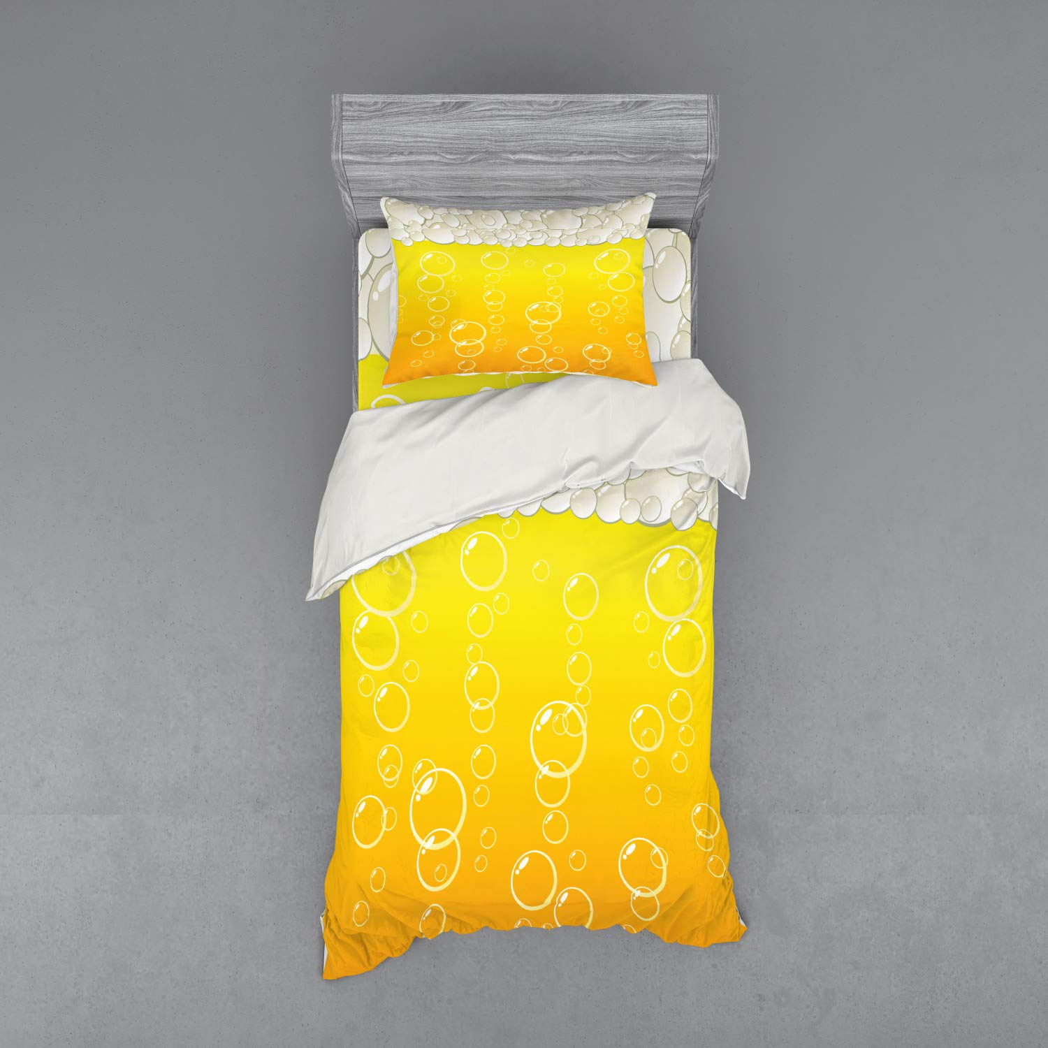Ambesonne Abstract Bedding Set - Bubbles & Beer Alcohol Drink Themed Duvet Cover 3-Piece Set with Sham & Fitted Sheet, Twin XL Size, Yellow & White - Perfect for College Dorms, Bachelor Pads & Beer Lover's Bedroom Decor
