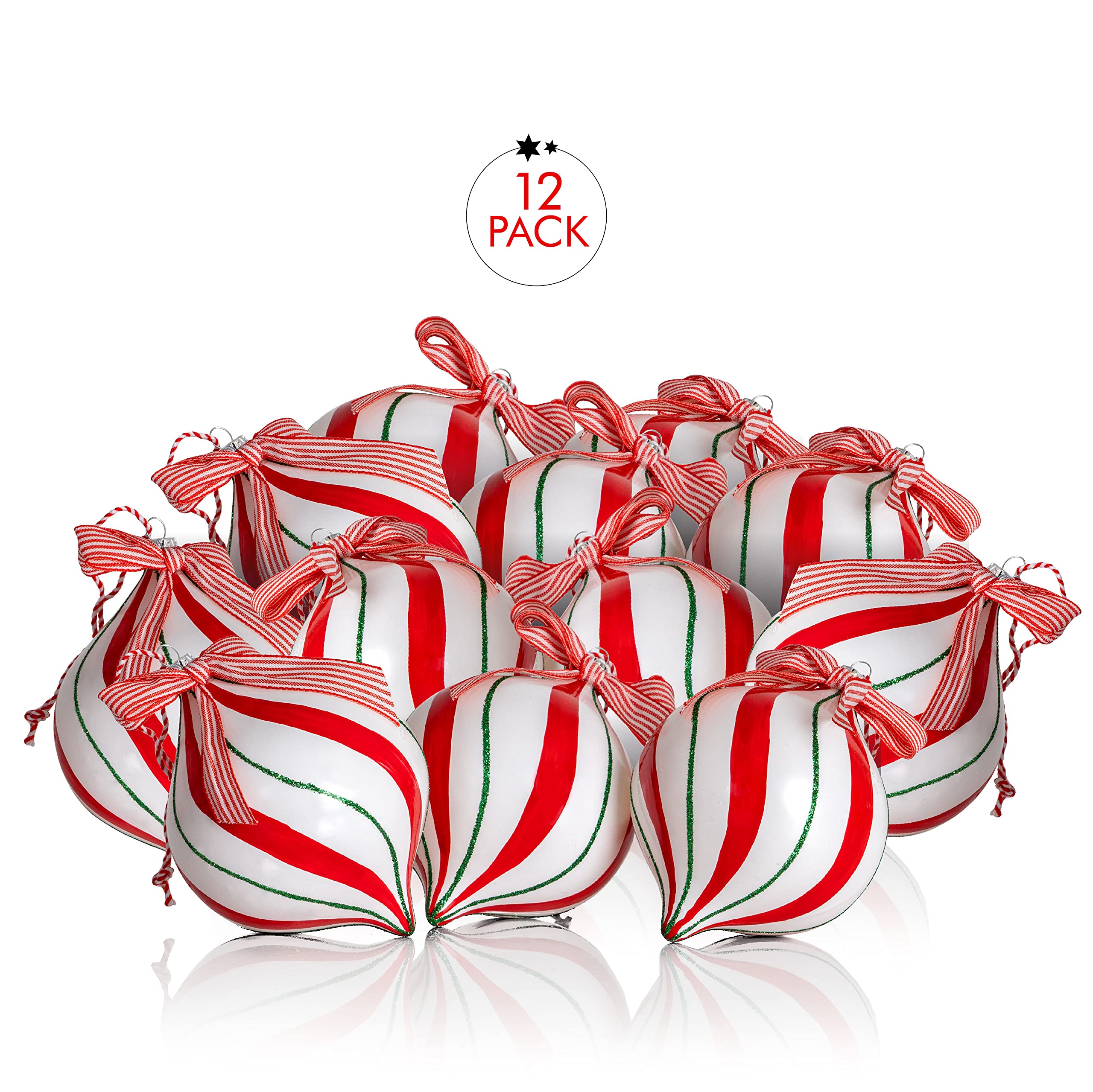 Ornativity Peppermint Candy Ornament Set - 12 Pack Shatterproof Christmas Candy Cane Ball Decorations for Indoor/Outdoor Holiday Tree (4.5 Inch) - Perfect for Xmas Party, Home & Office Decorations