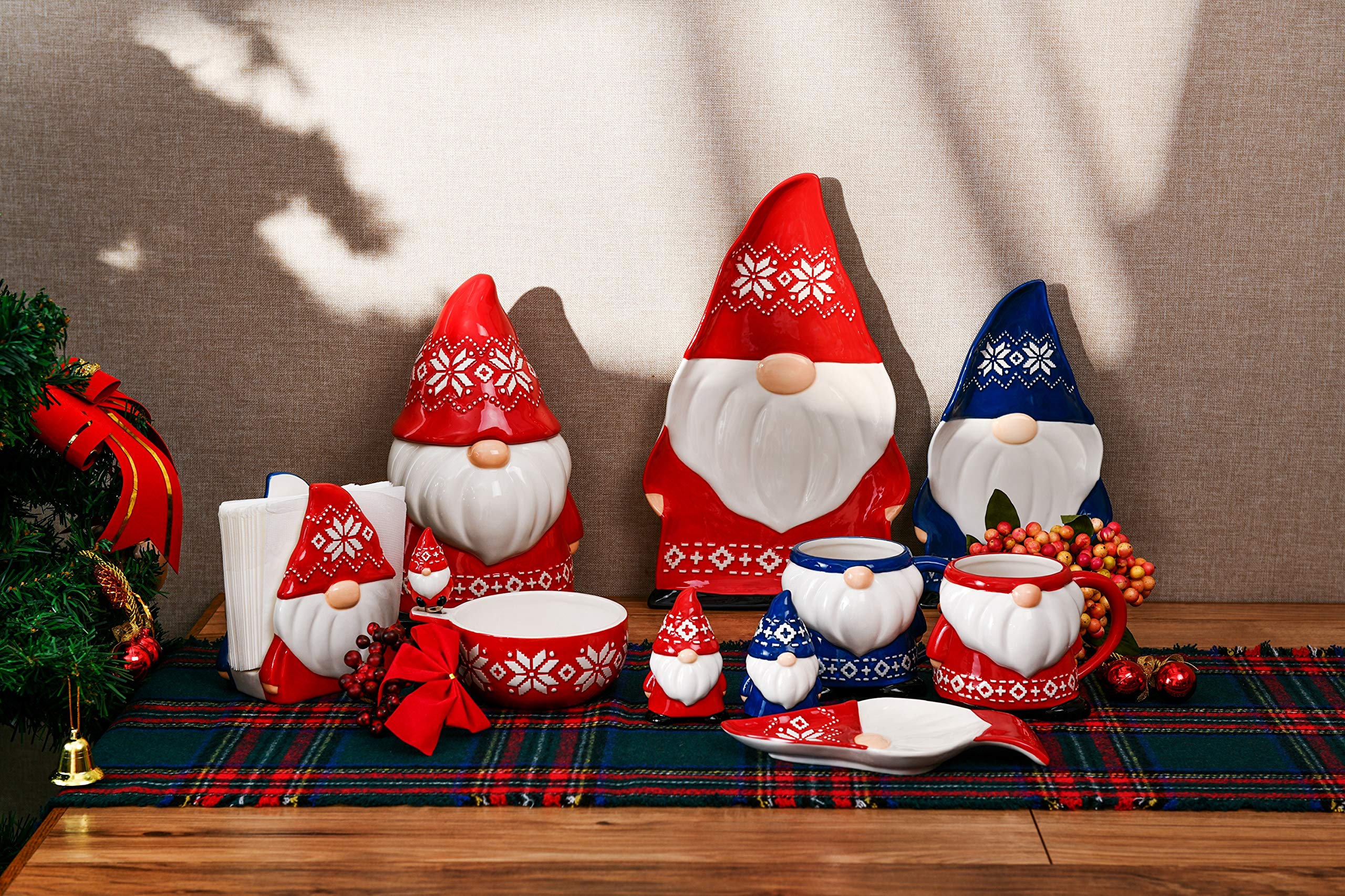Handpainted Bico Ceramic Red & Blue Christmas Gnome 15oz Mugs Set - Microwave & Dishwasher Safe - Perfect for Holiday Gifts, Cozy Hot Drinks & Festive Home Decor