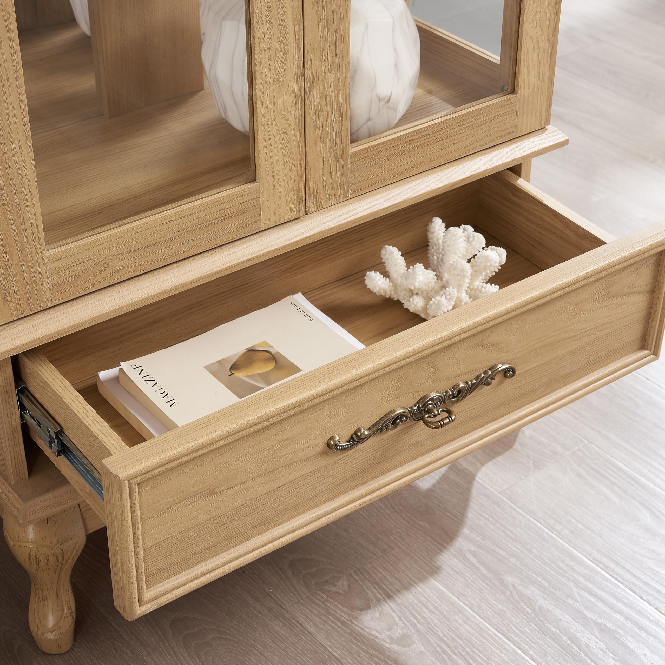Light Oak Curio Display Cabinet with Adjustable Glass Shelves - 2 Door Glass Wine Cabinet with LED Lighting & Drawer - Perfect for Dining Room, Living Room or Bar Storage