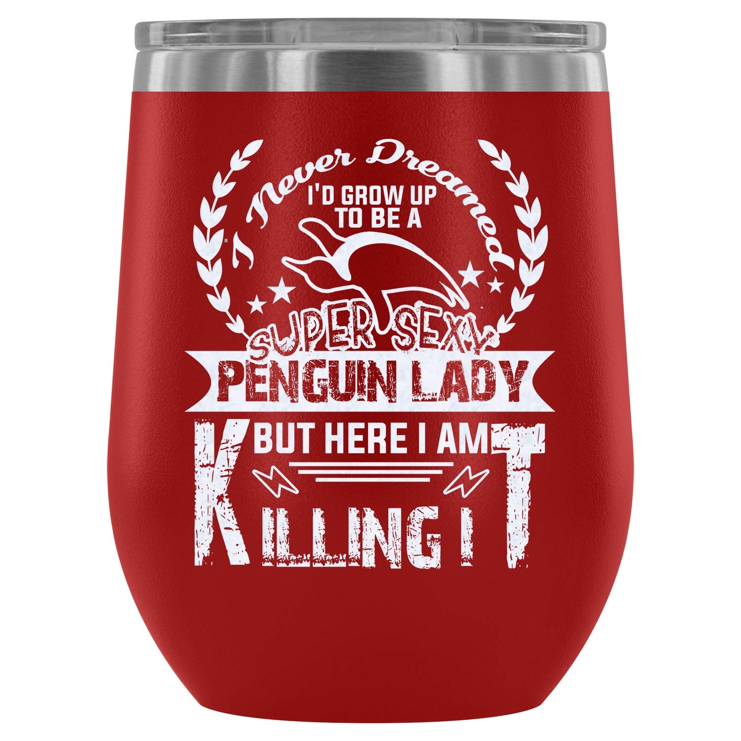 Stainless Steel Vacuum Insulated Stemless Wine Tumbler - 12Oz Penguin Mama Wine Cup with Lid, Funny 'I Never Dreamed' Quote - Perfect for Outdoor Picnics, Beach Parties & Home Entertaining (Red)