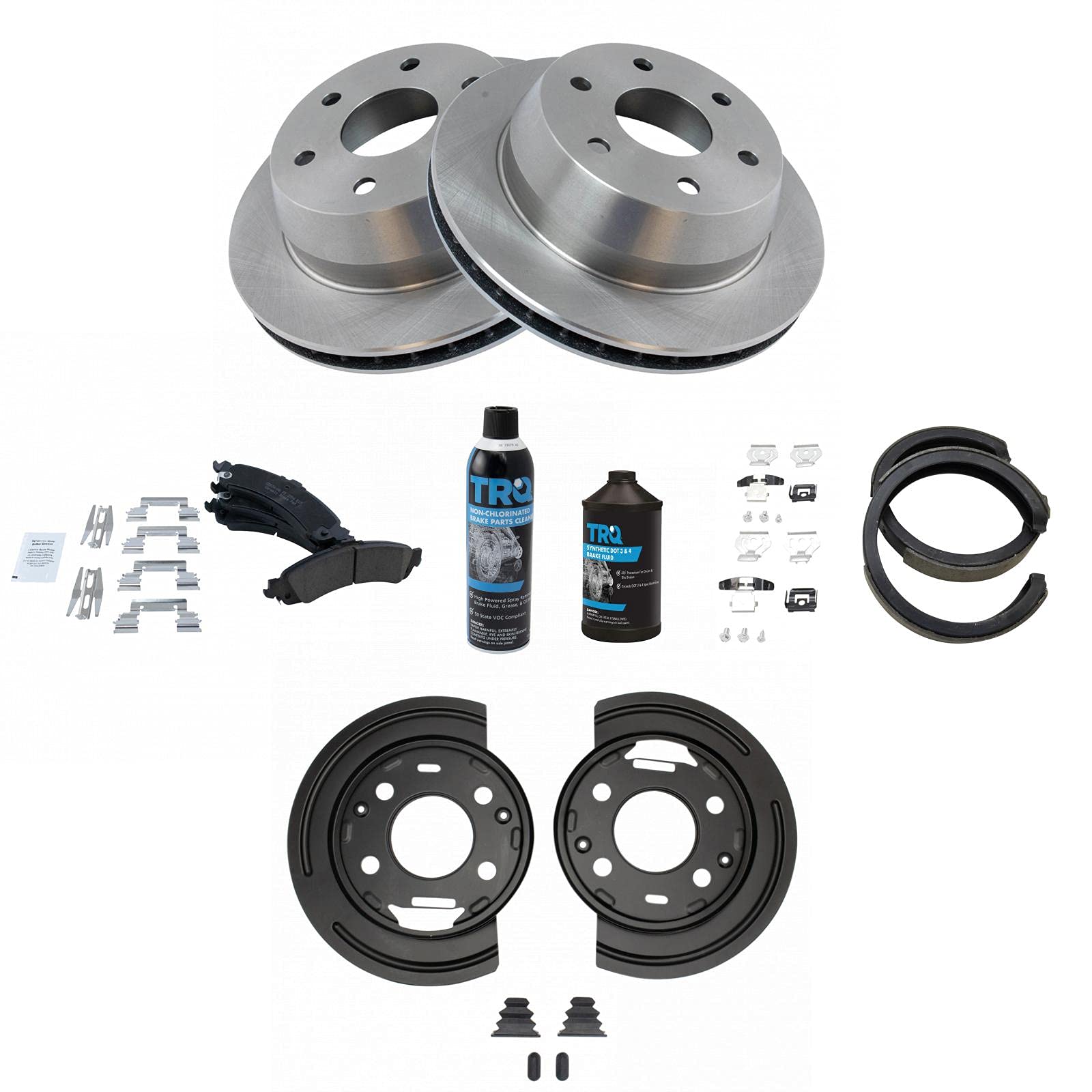 TRQ Rear Ceramic Brake Pads & Rotors Kit with Parking Shoes, Backing Plates and Brake Fluids for GM Vehicles - Perfect for Smooth Braking Performance in Daily Commute, Highway Driving and Towing