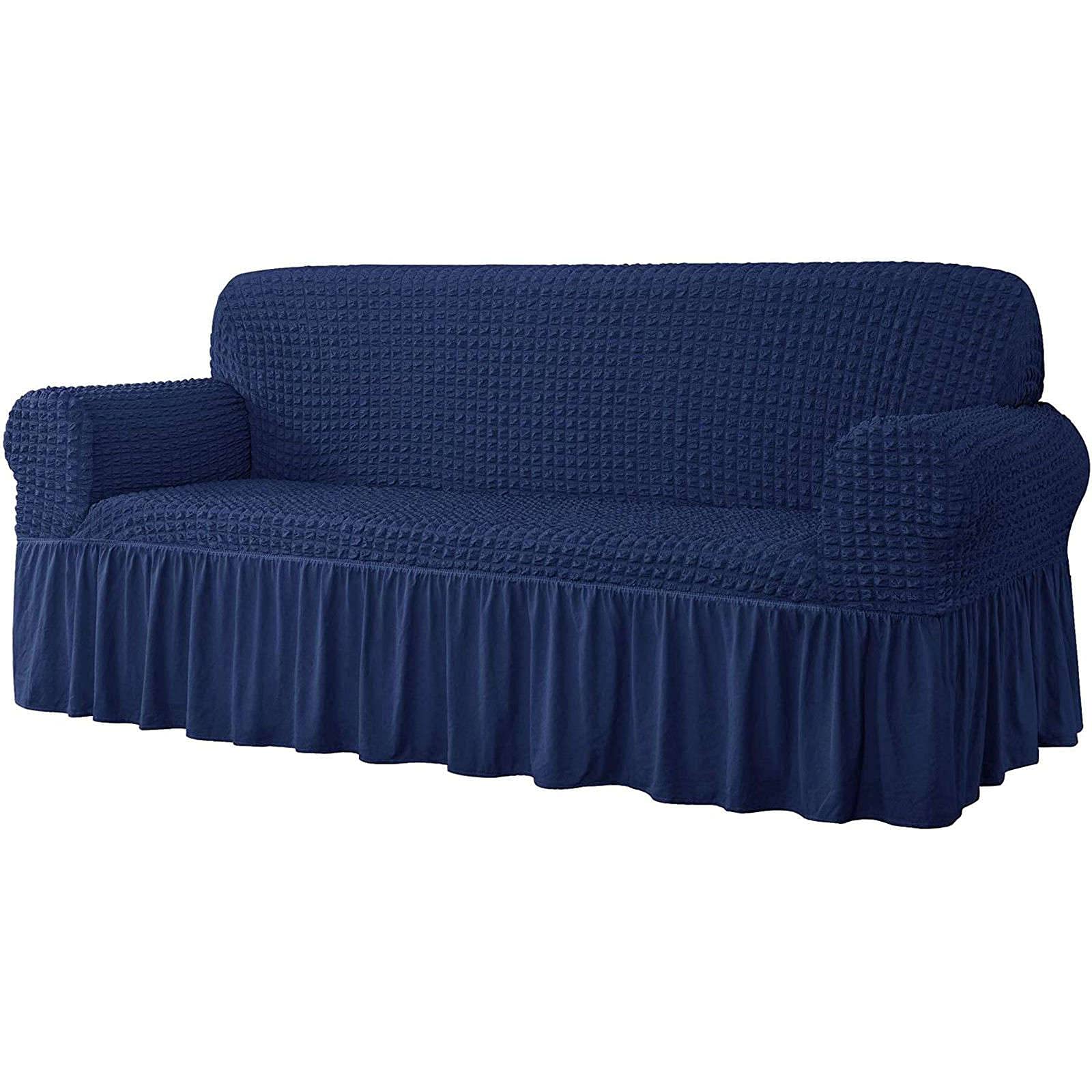 Stretch Sofa Slipcover 1-Piece Washable Seersucker Couch Cover with Skirt - Furniture Protector for 2-Seat Sofa 145-178cm (57-70in) - Navy Blue - Perfect for Living Room, Family Room & Home Decor Protection