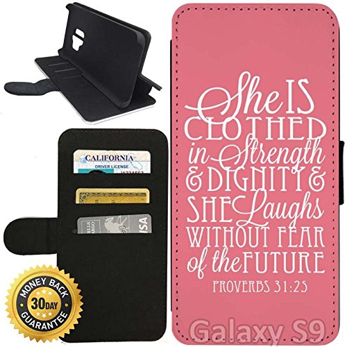 Galaxy S9 Flip Wallet Case with Stand & Card Holders | Bible Verse Proverbs 31:25 | Shockproof for Daily Use