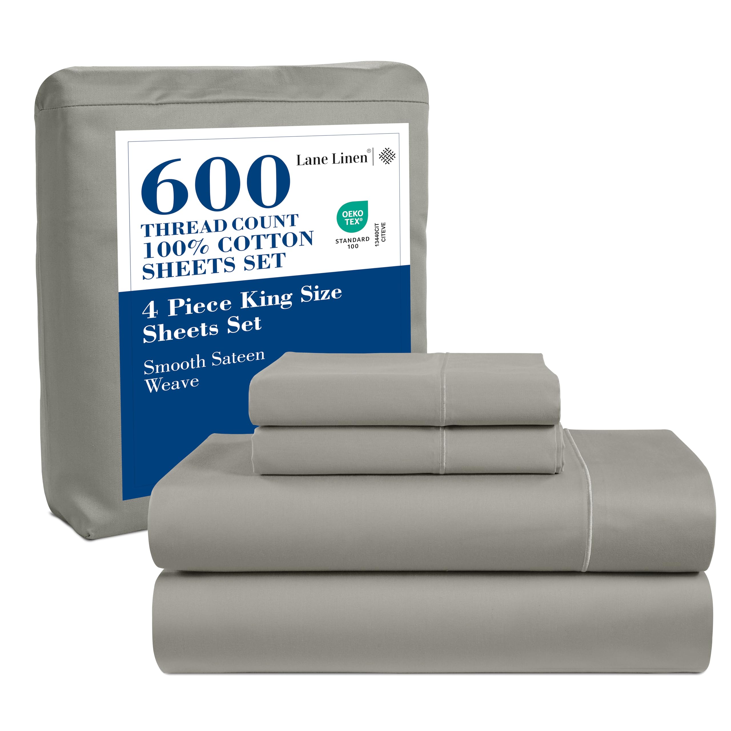 Premium 600 Thread Count King Size Sheet Set - 100% Cotton Bedding with Pillowcases - Ultra Soft No Pill Sateen Weave Deep Pocket Sheets - Silver Gray Luxury Bed Linens for Master Bedroom & Guest Room Comfort
