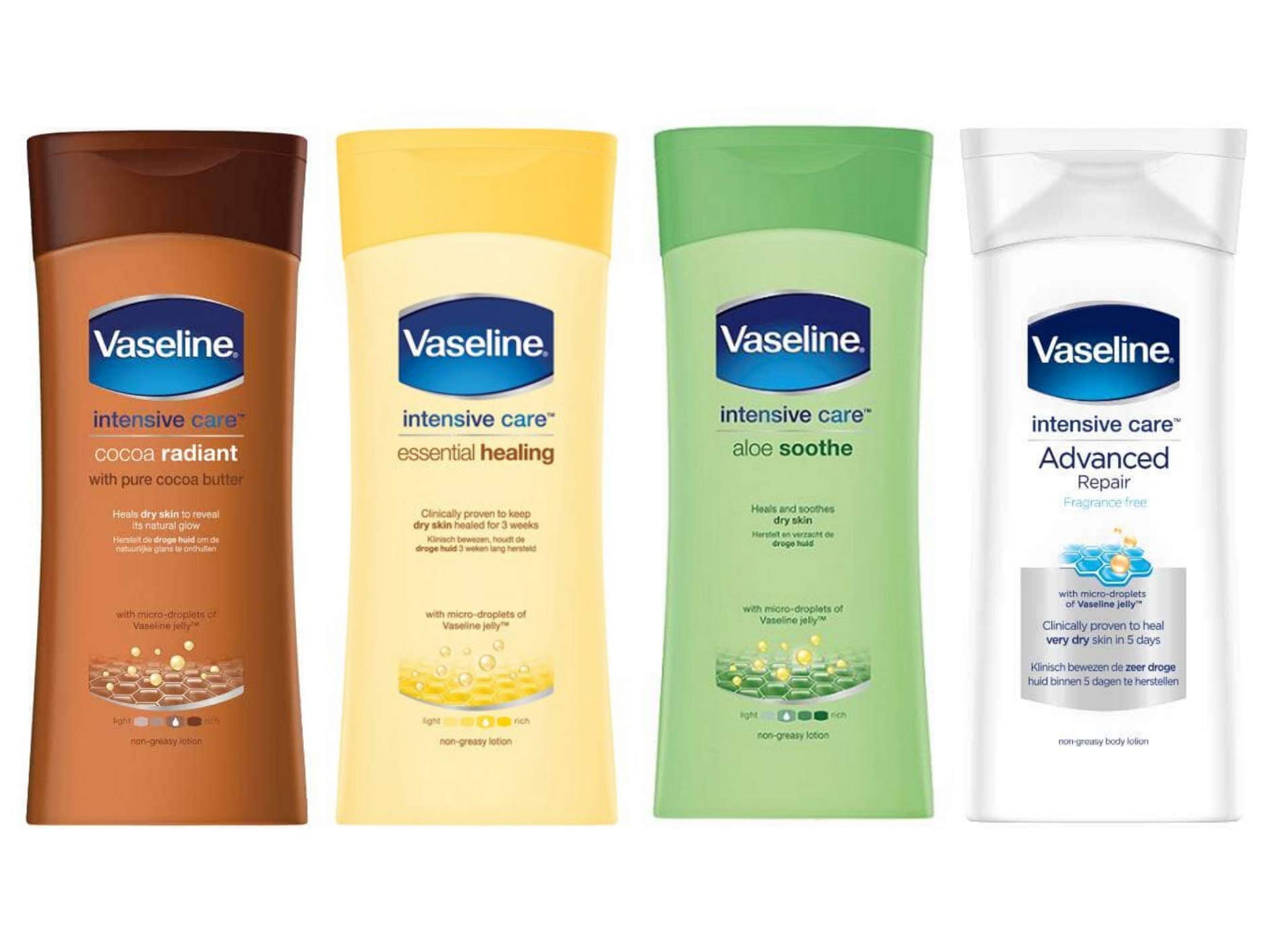 Vaseline Intensive Care Body Lotion Set - 4 Pack (200ml Each) | Cocoa Radiant, Essential Healing, Aloe Soothe & Advanced Repair | Non-Greasy Moisturizer for Dry Skin Care | Perfect for Daily Hydration & Post-Shower Use