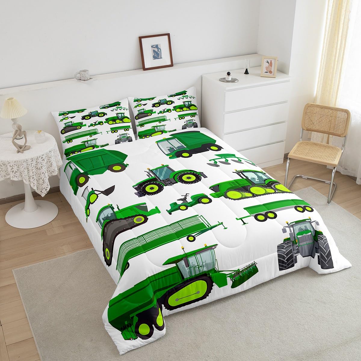 Kids Construction Truck Comforter Set Full Size - Boys Tractor & Excavator Bedding, Farm Machinery & Crane Quilt for Boys Girls Teens - Perfect for Construction Theme Bedrooms & Playrooms