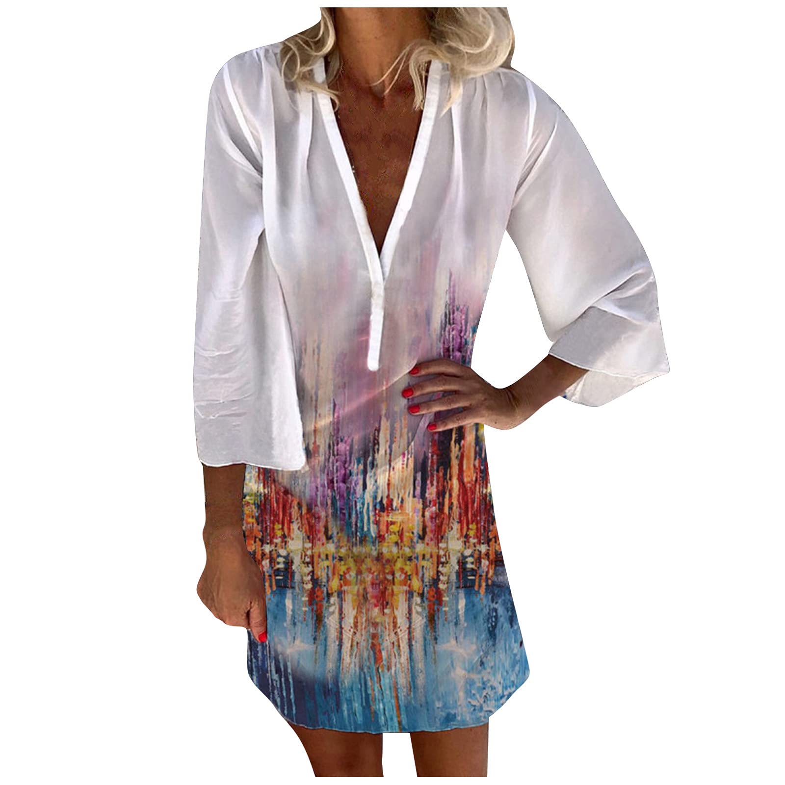 Twoker Women's Summer Chiffon Dresses - Long Sleeve V-Neck Printed Casual Dress with Low Cut | Perfect for Beach Vacations, Date Nights & Outdoor Parties