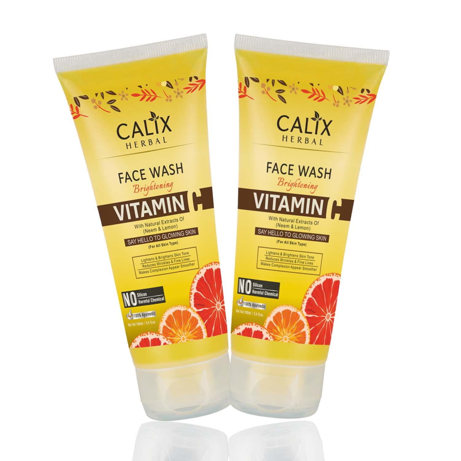 Calix Herbal Organic & Ayurvedic Vitamin C Face Wash for Skin Brightening, Lightening & Glowing | Reduces Wrinkles & Fine Lines for Women & Men | Suitable for All Skin Types | 100ml (Pack of 2) | Daily Skincare Routine for Clear & Radiant Complexion